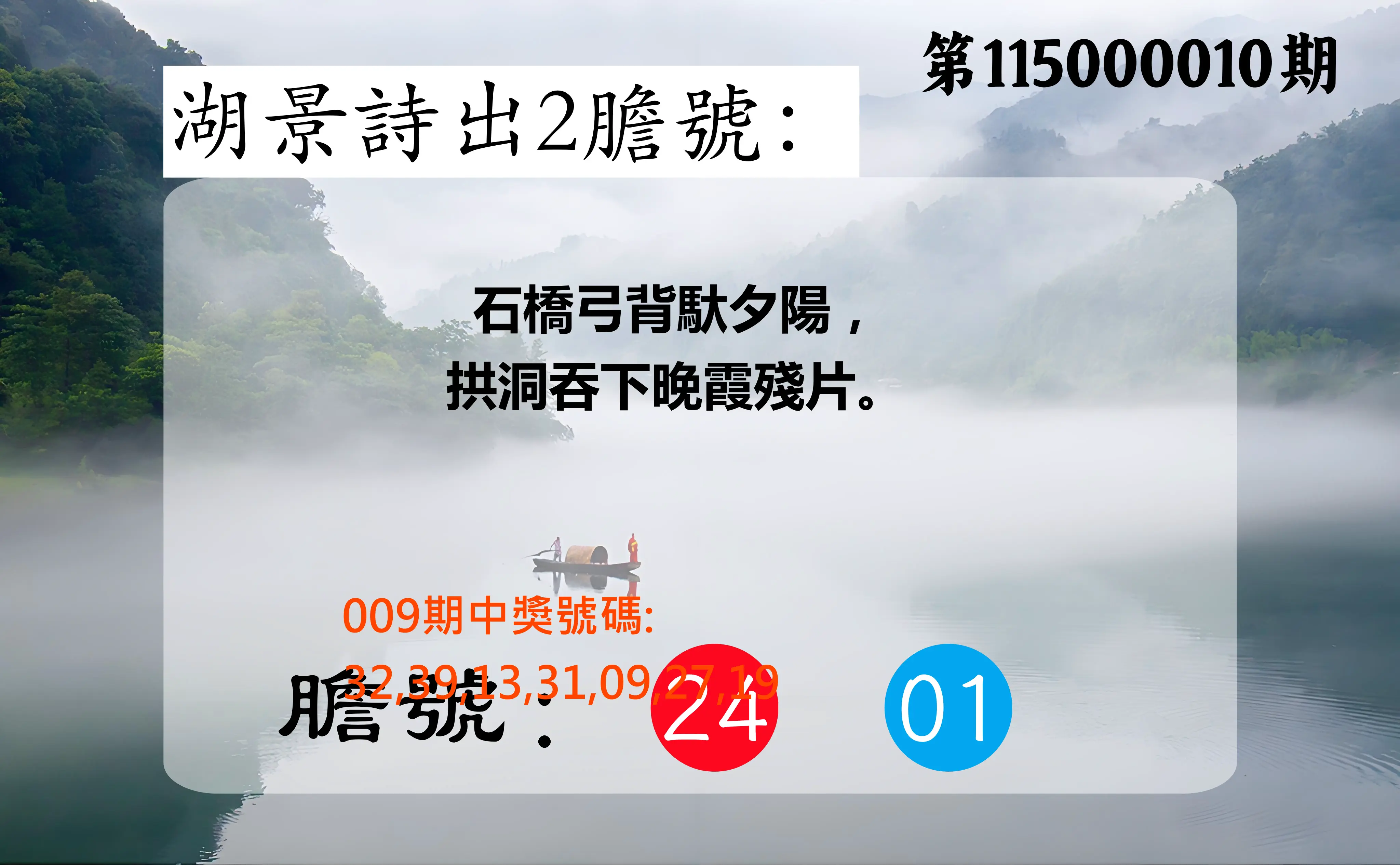 大樂透第115000010期(02/03)湖景詩出2膽號