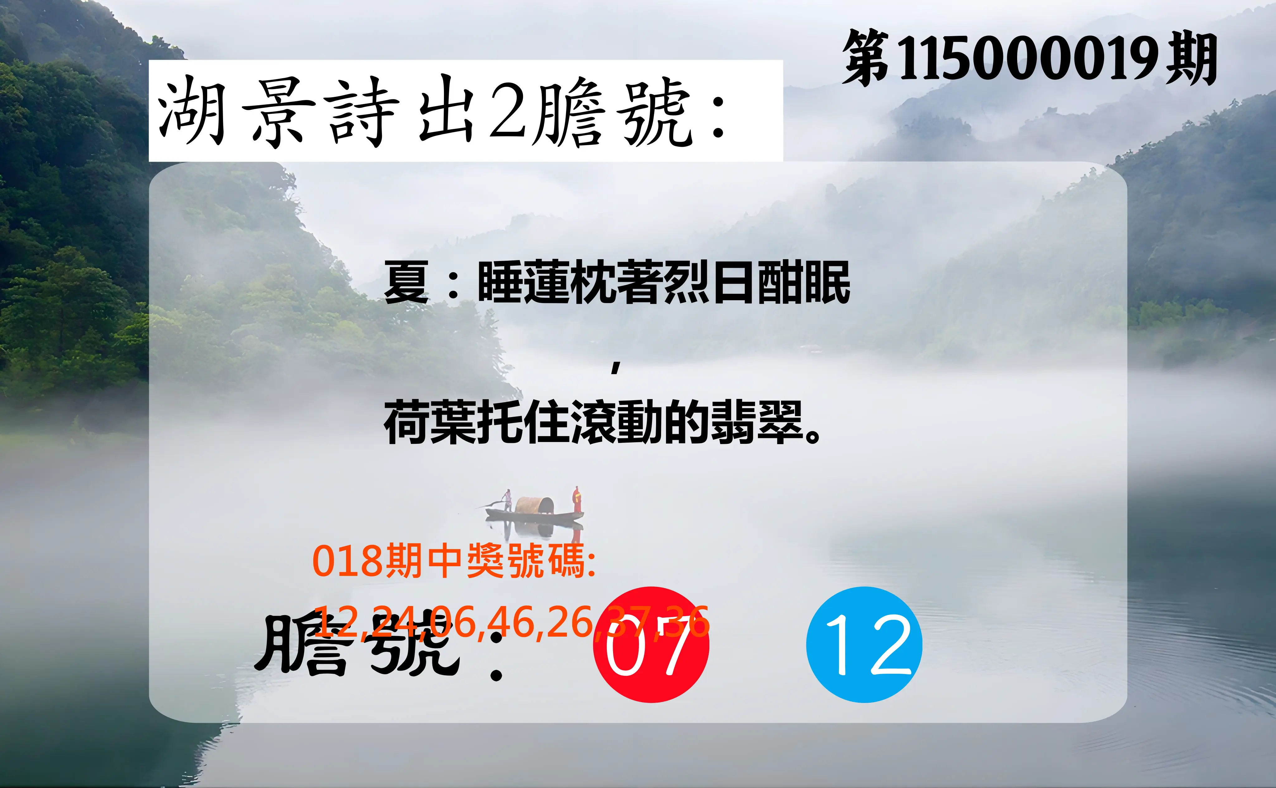 大樂透第115000019期(02/18)湖景詩出2膽號