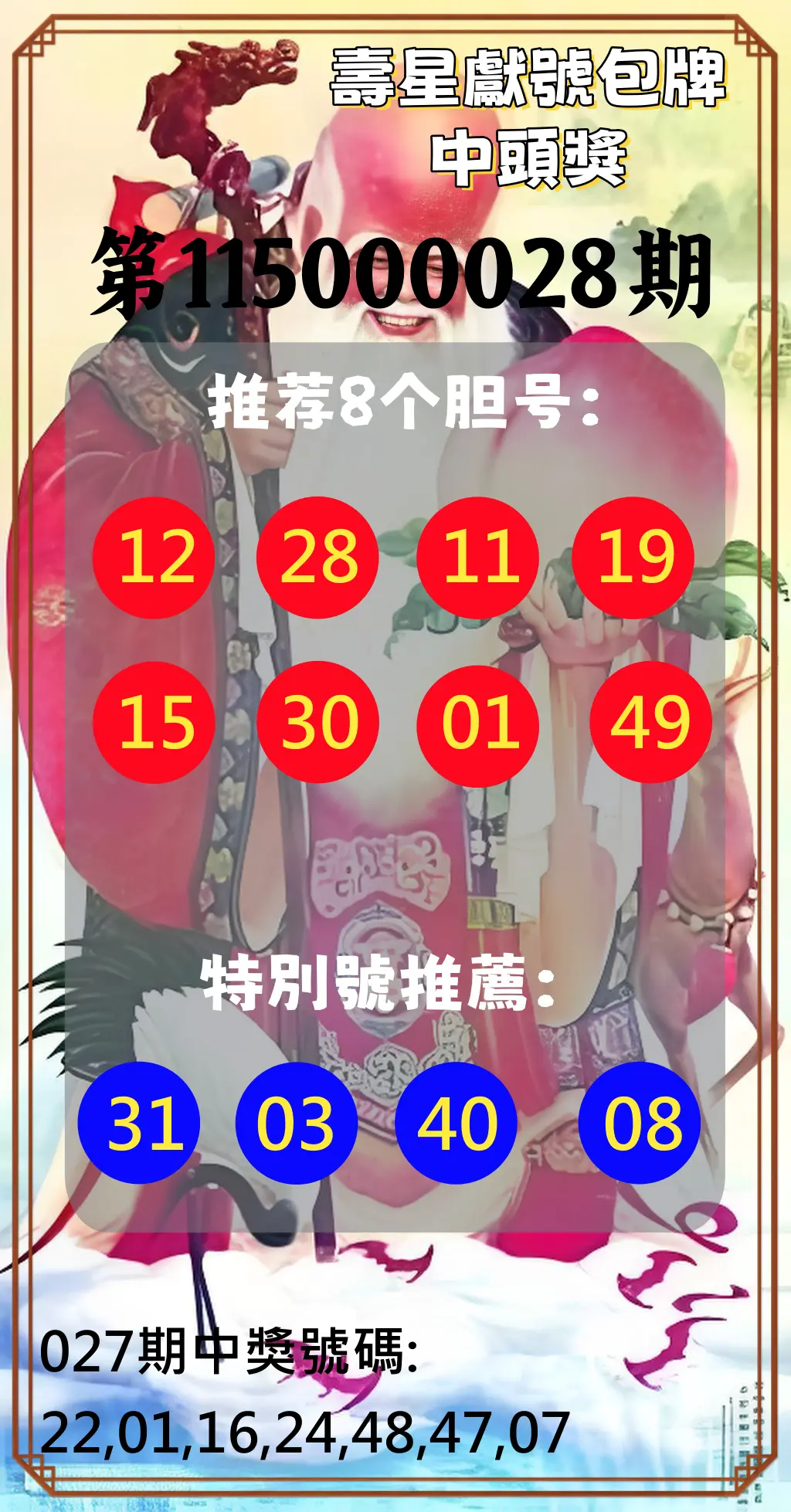 大樂透第115000028期(02/27)壽星獻號包牌中頭獎