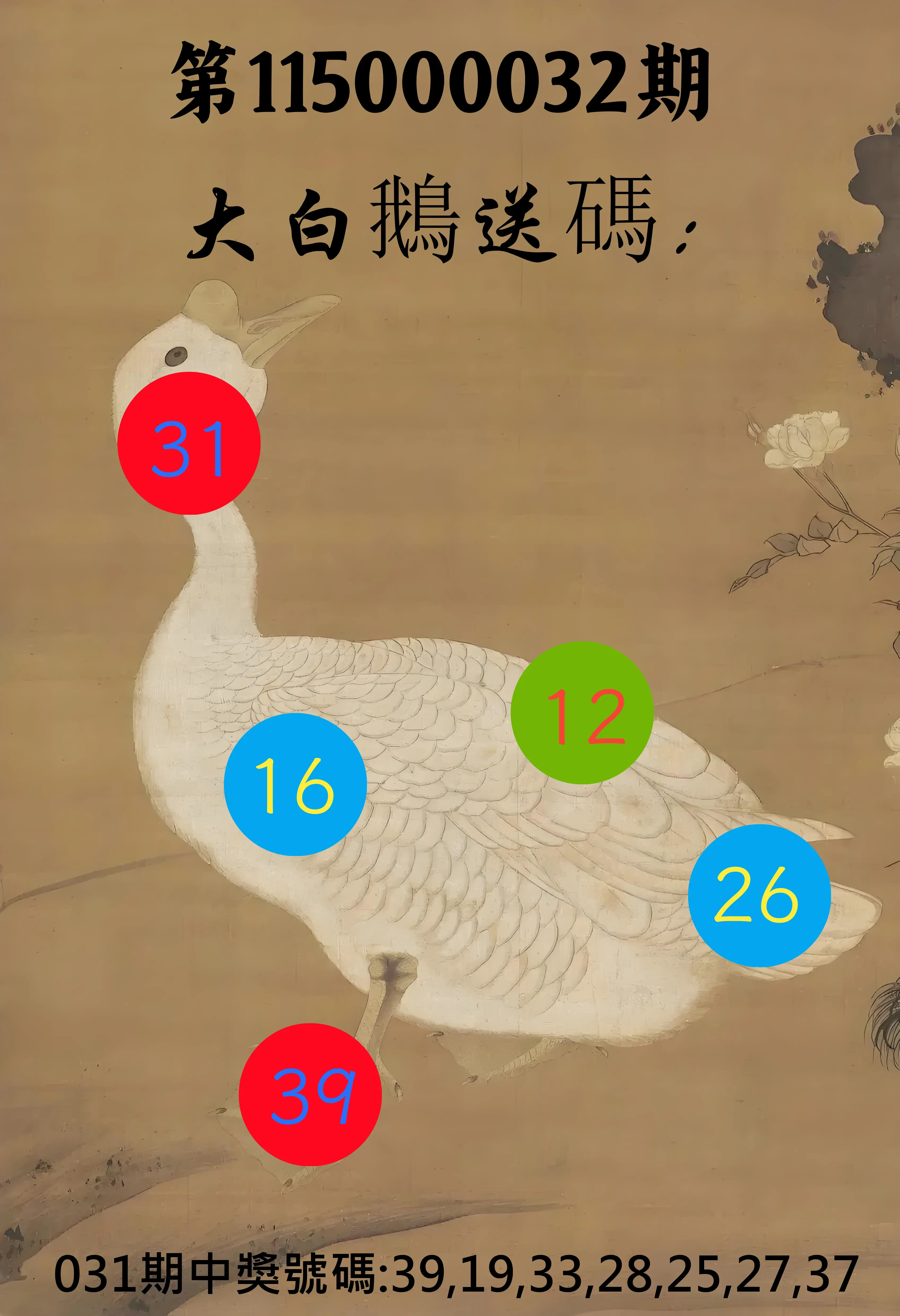 大樂透第115000032期(03/03)大白鵝送碼