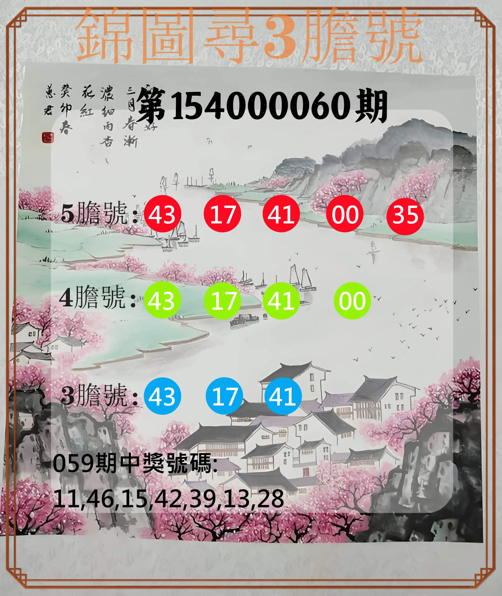 大樂透第154000060期錦圖尋3膽號