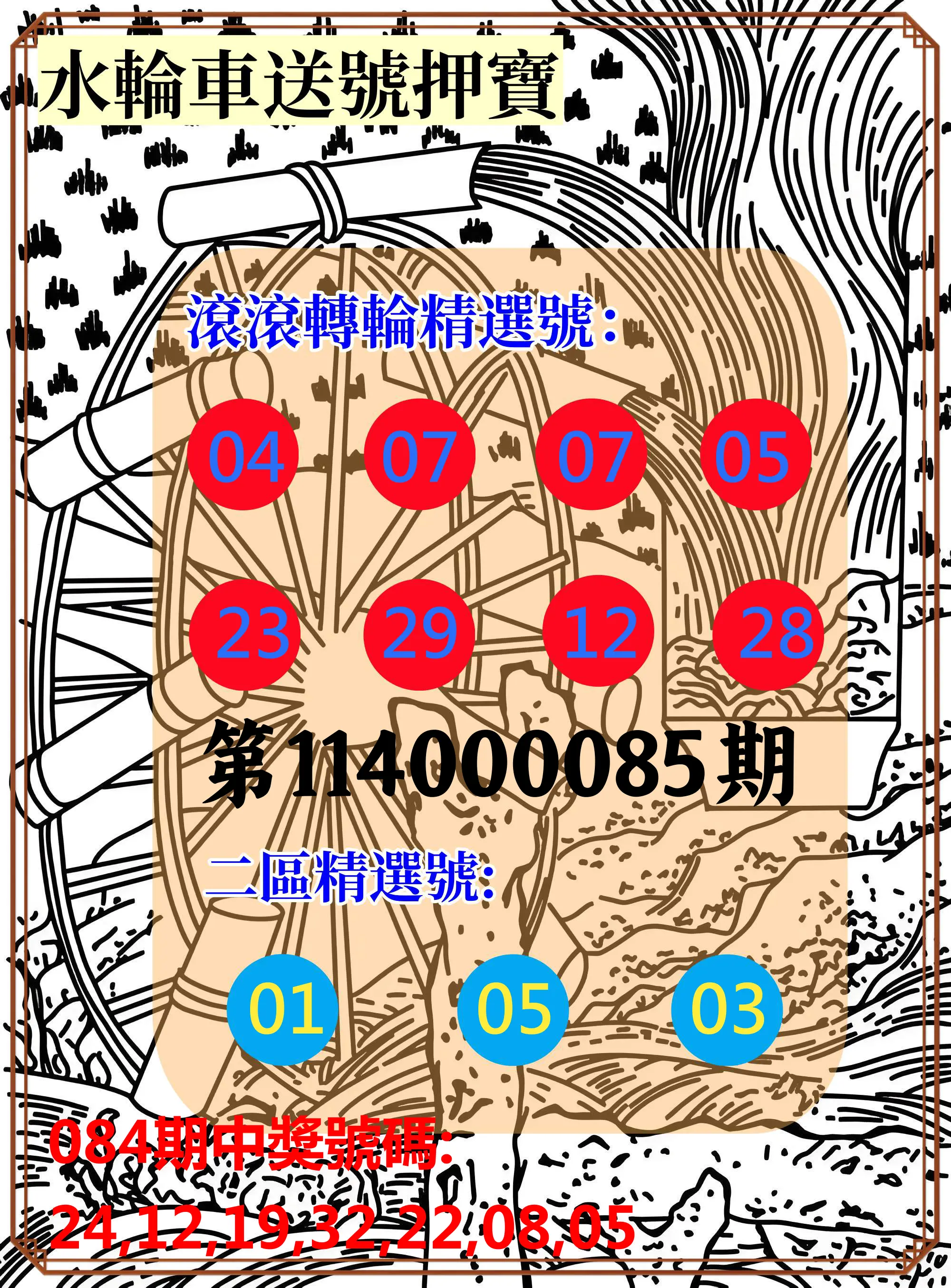 威力彩第114000085期(10/23)水輪車送號押寶