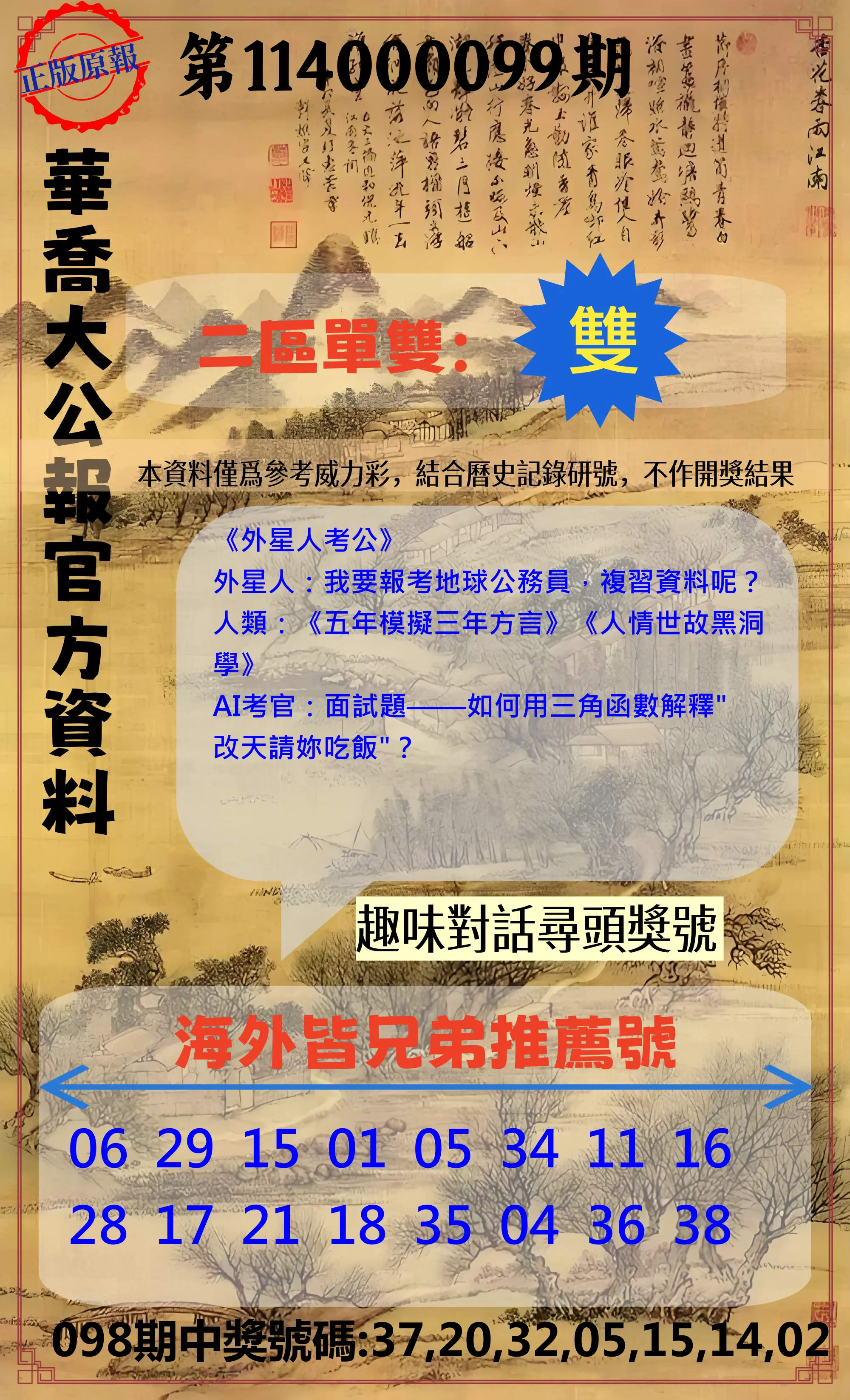 威力彩第114000099期(12/11)華喬大公報官方資料