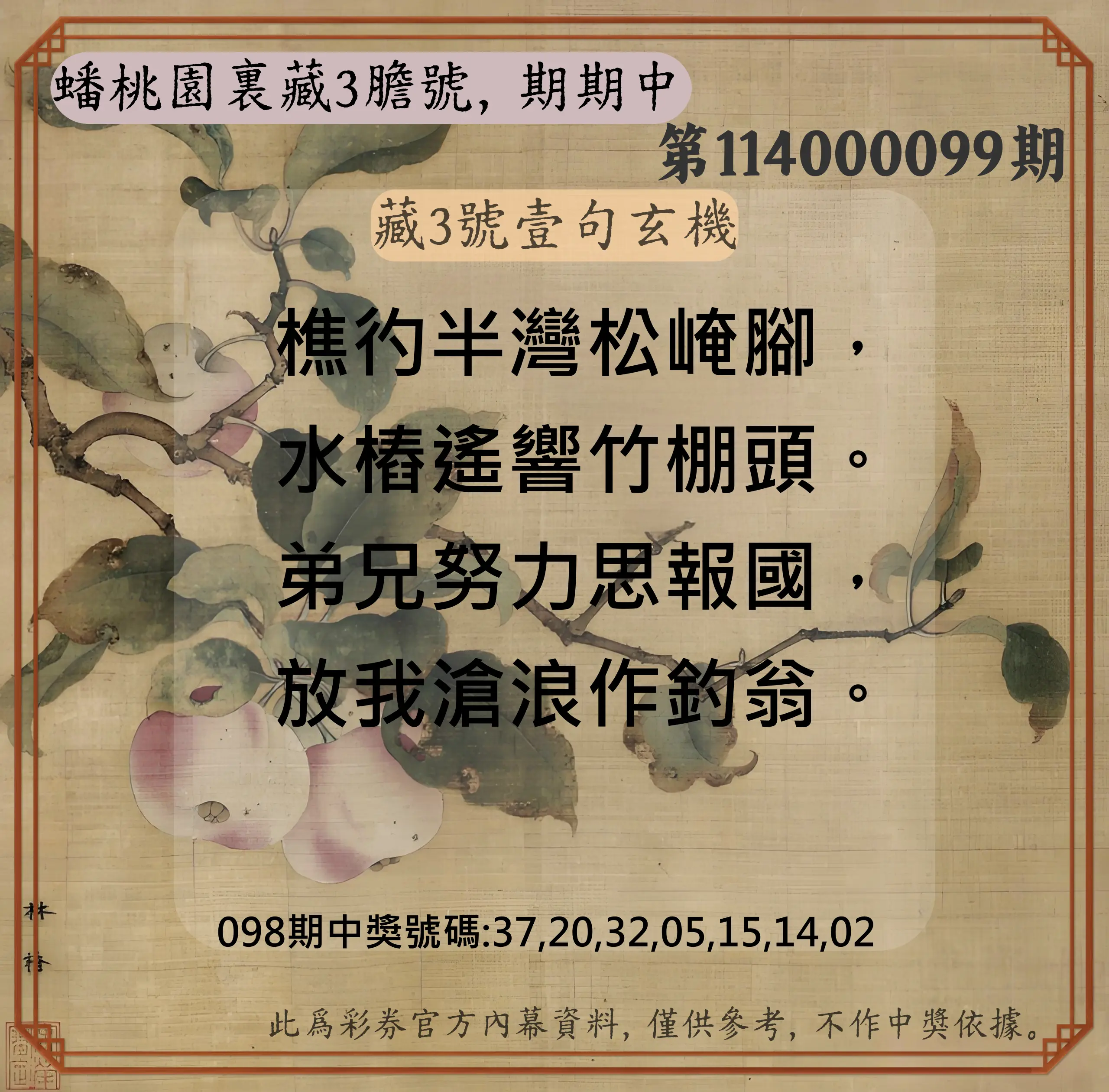 威力彩第114000099期(12/11)蟠桃園裏藏3膽號，期期中