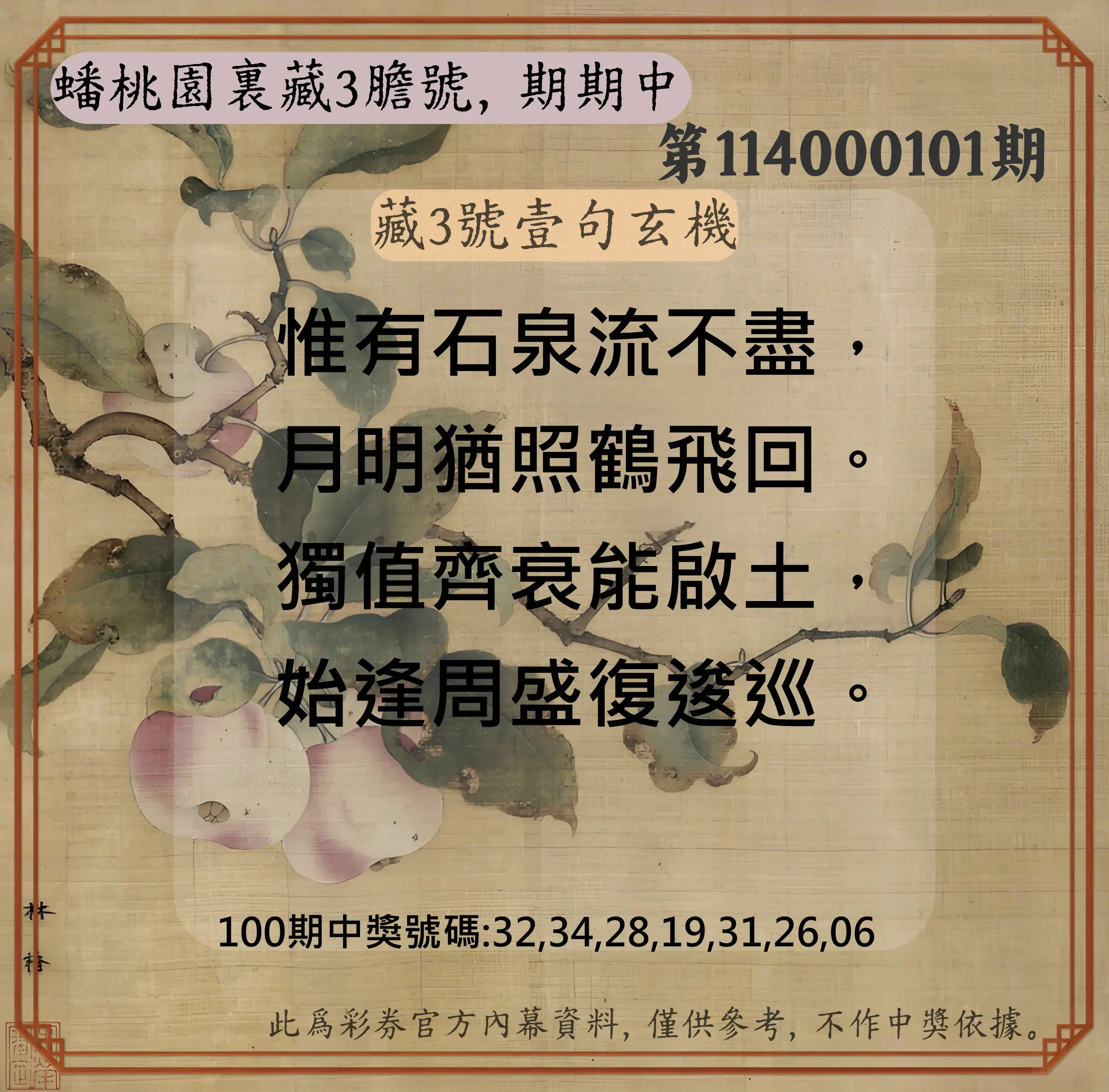 威力彩第114000101期(12/18)蟠桃園裏藏3膽號，期期中