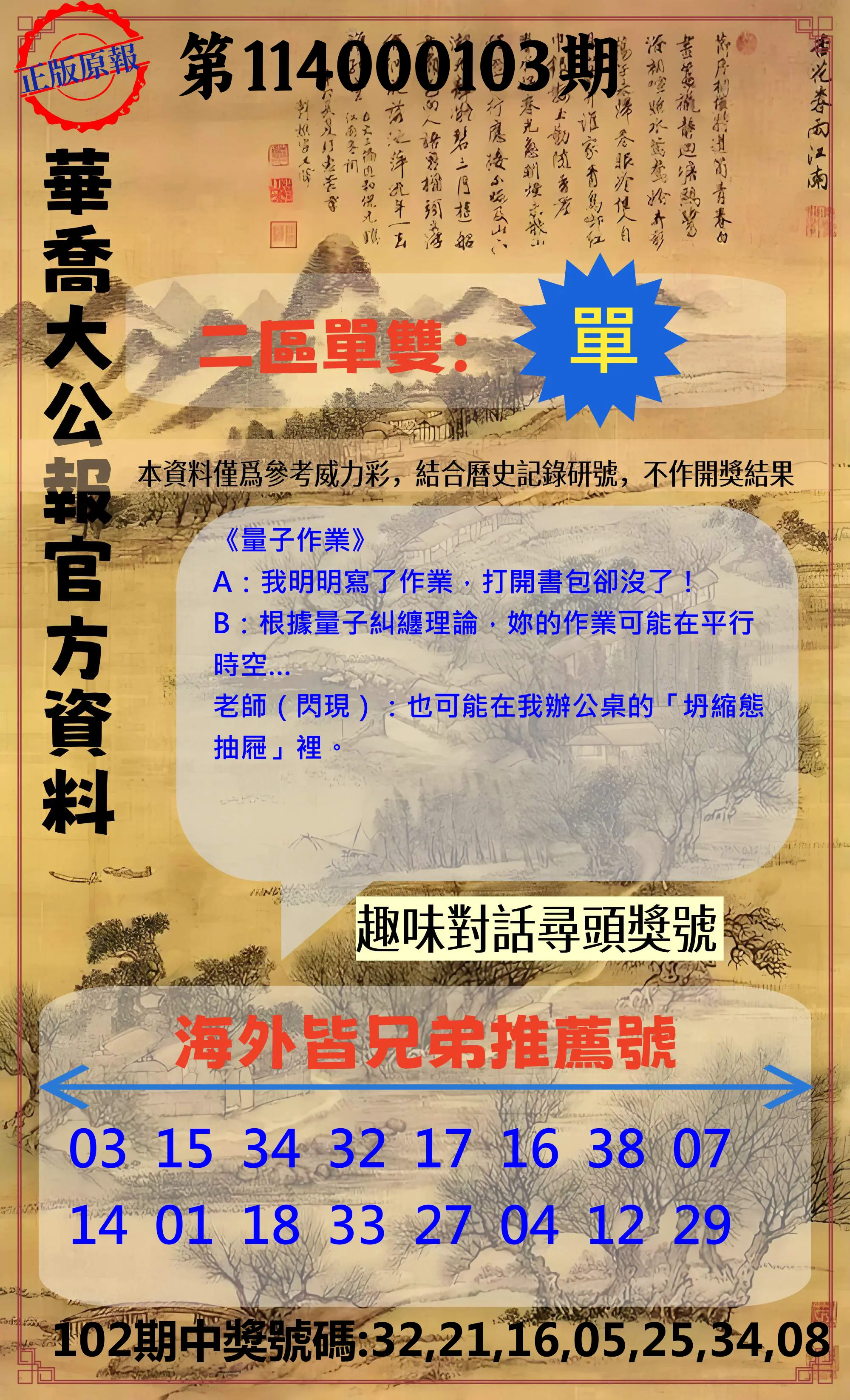 威力彩第114000103期(12/25)華喬大公報官方資料