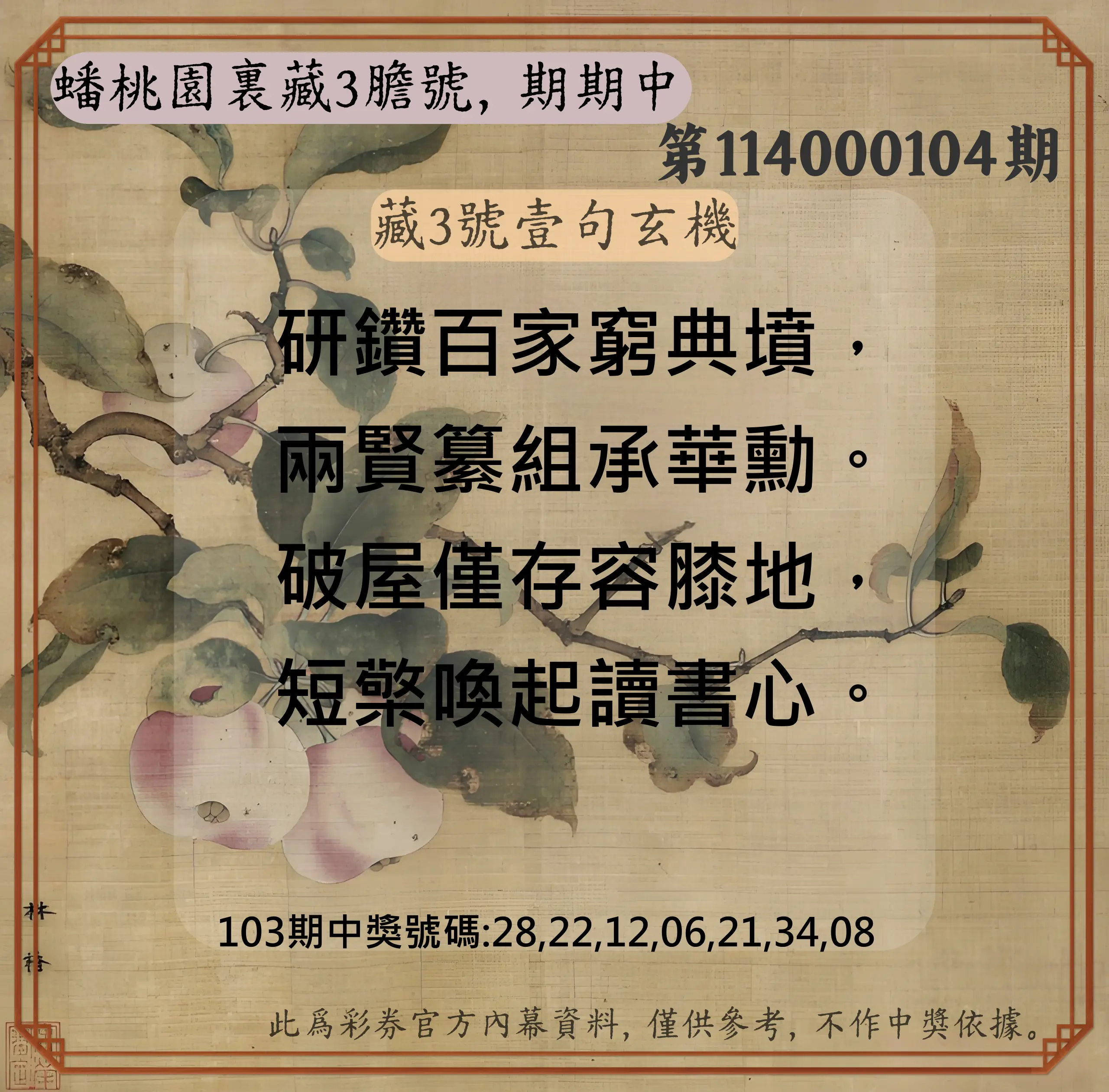 威力彩第114000104期(12/29)蟠桃園裏藏3膽號，期期中