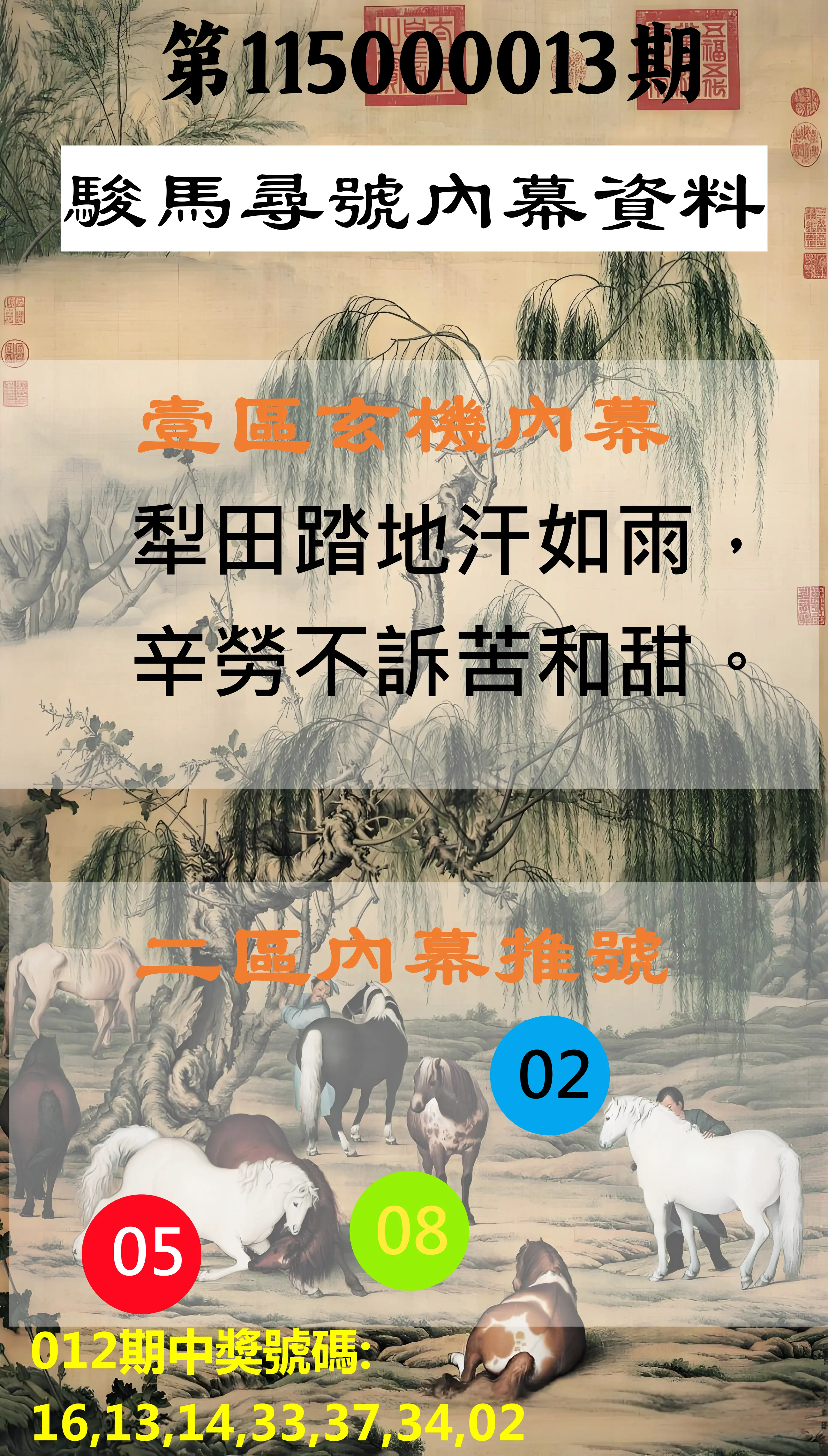 威力彩第115000013期(02/12)駿馬尋號內幕資料