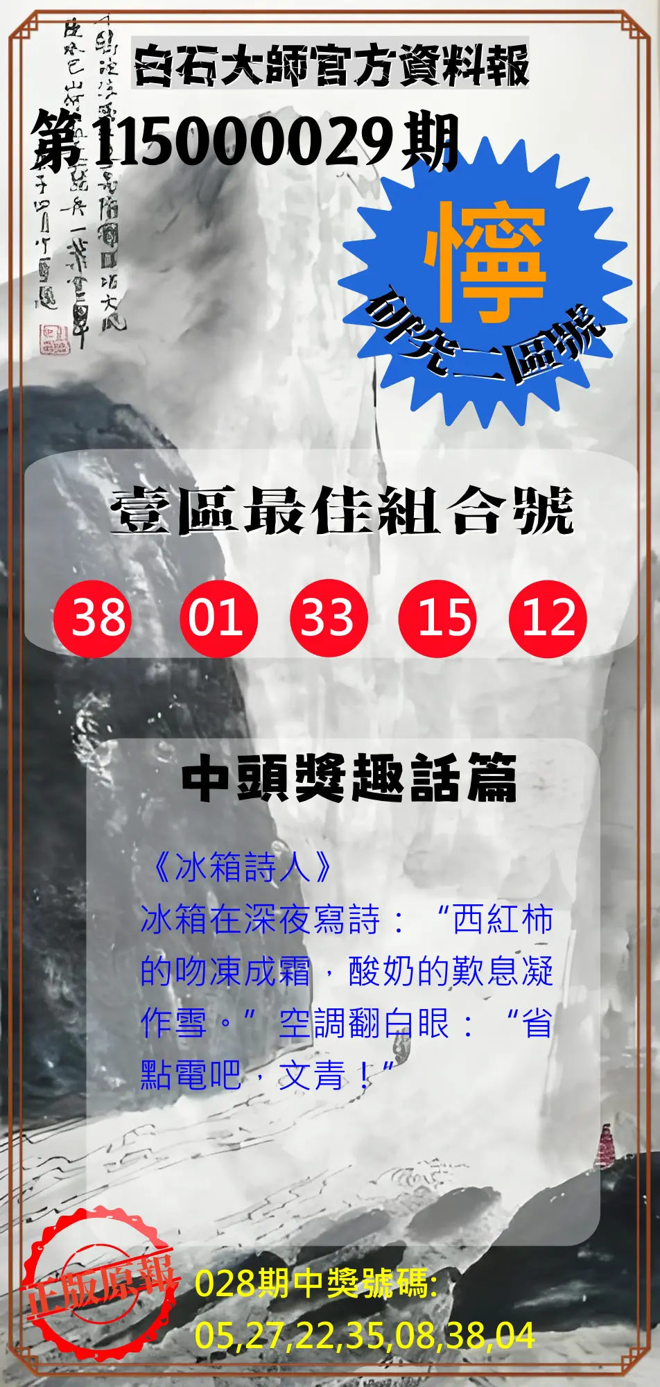 威力彩第115000029期(04/09)白石大師官方資料報