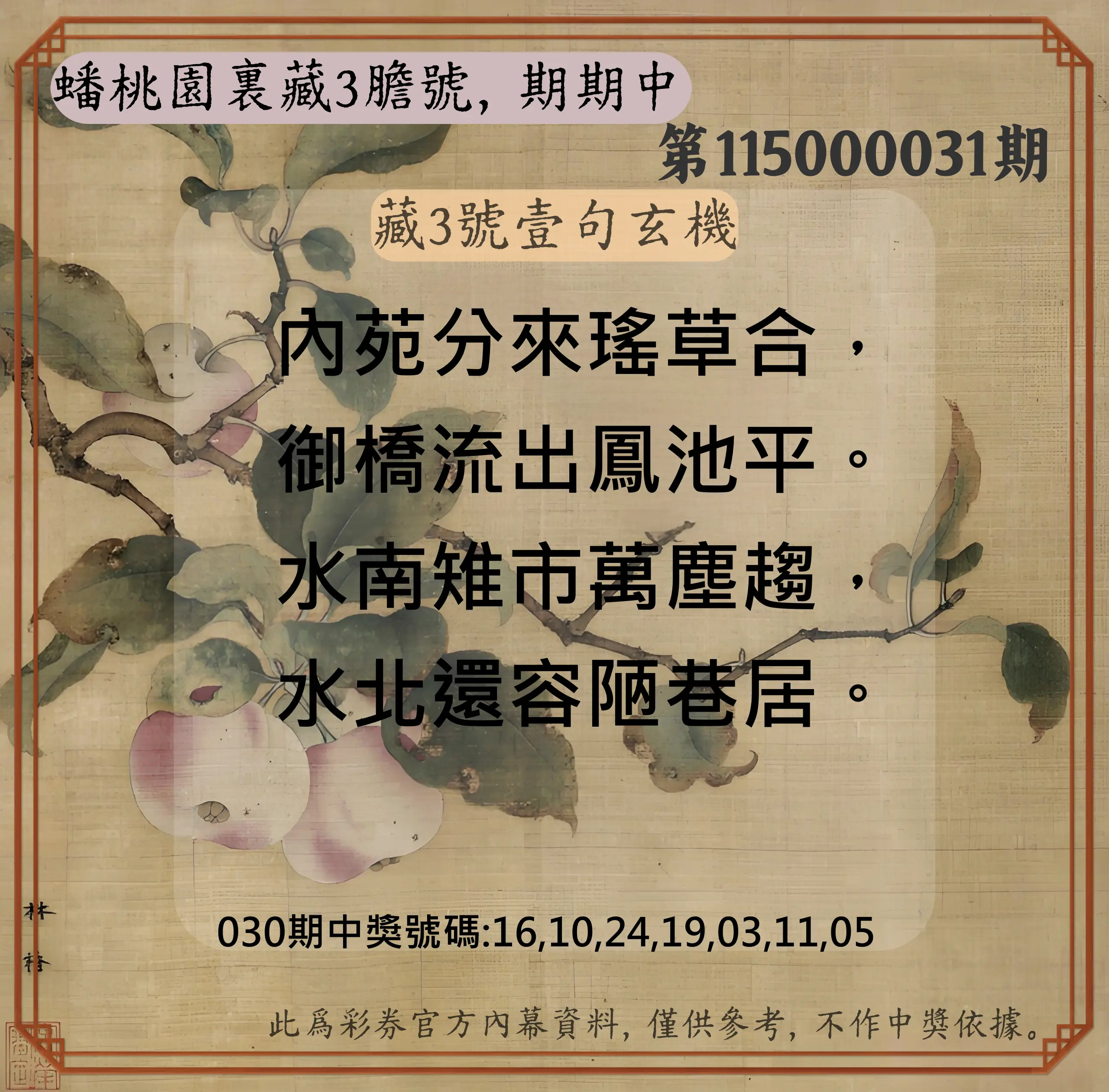 威力彩第115000031期(04/16)蟠桃園裏藏3膽號，期期中