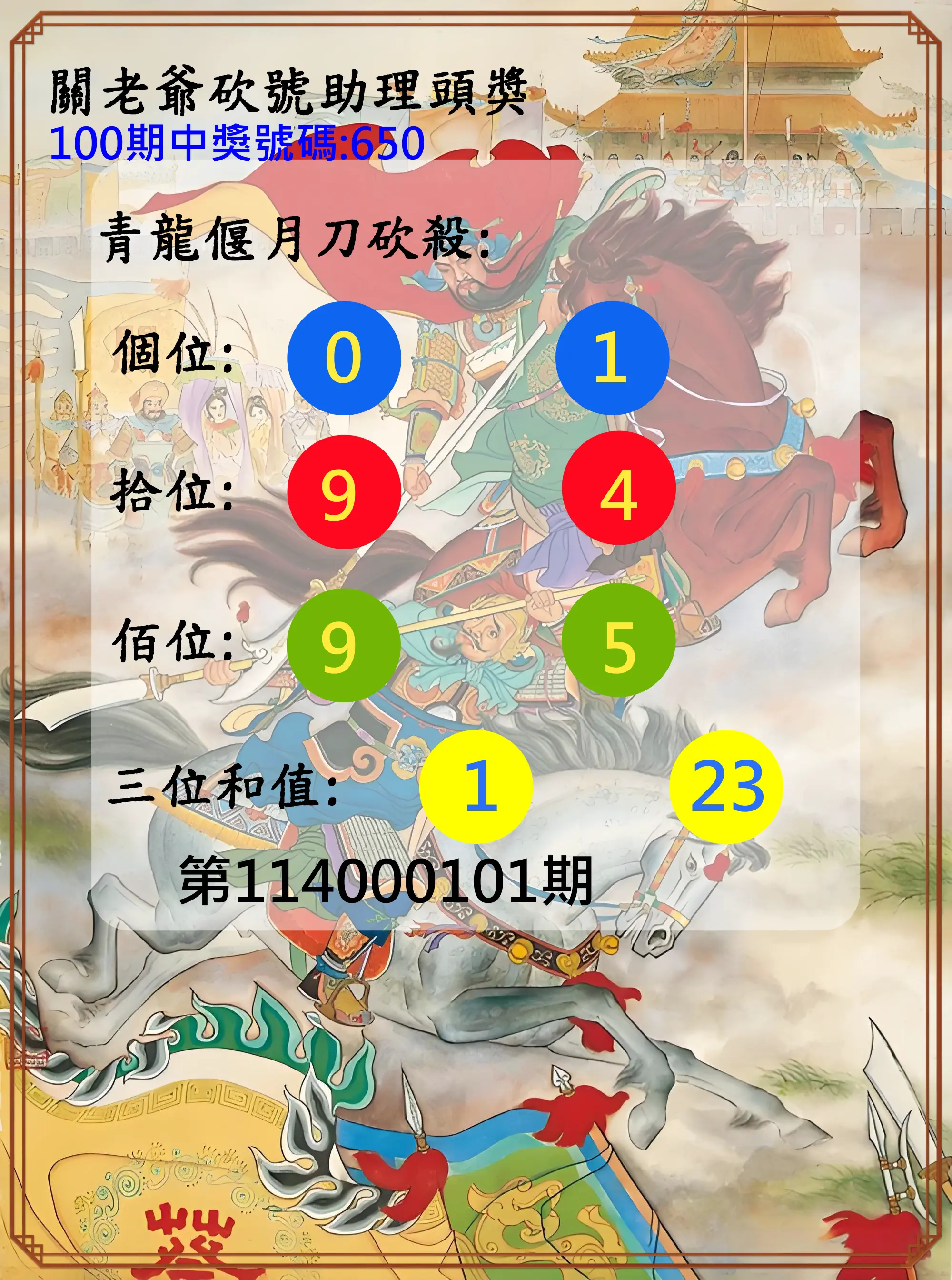 3星彩第114000101期關老爺砍號助理頭獎