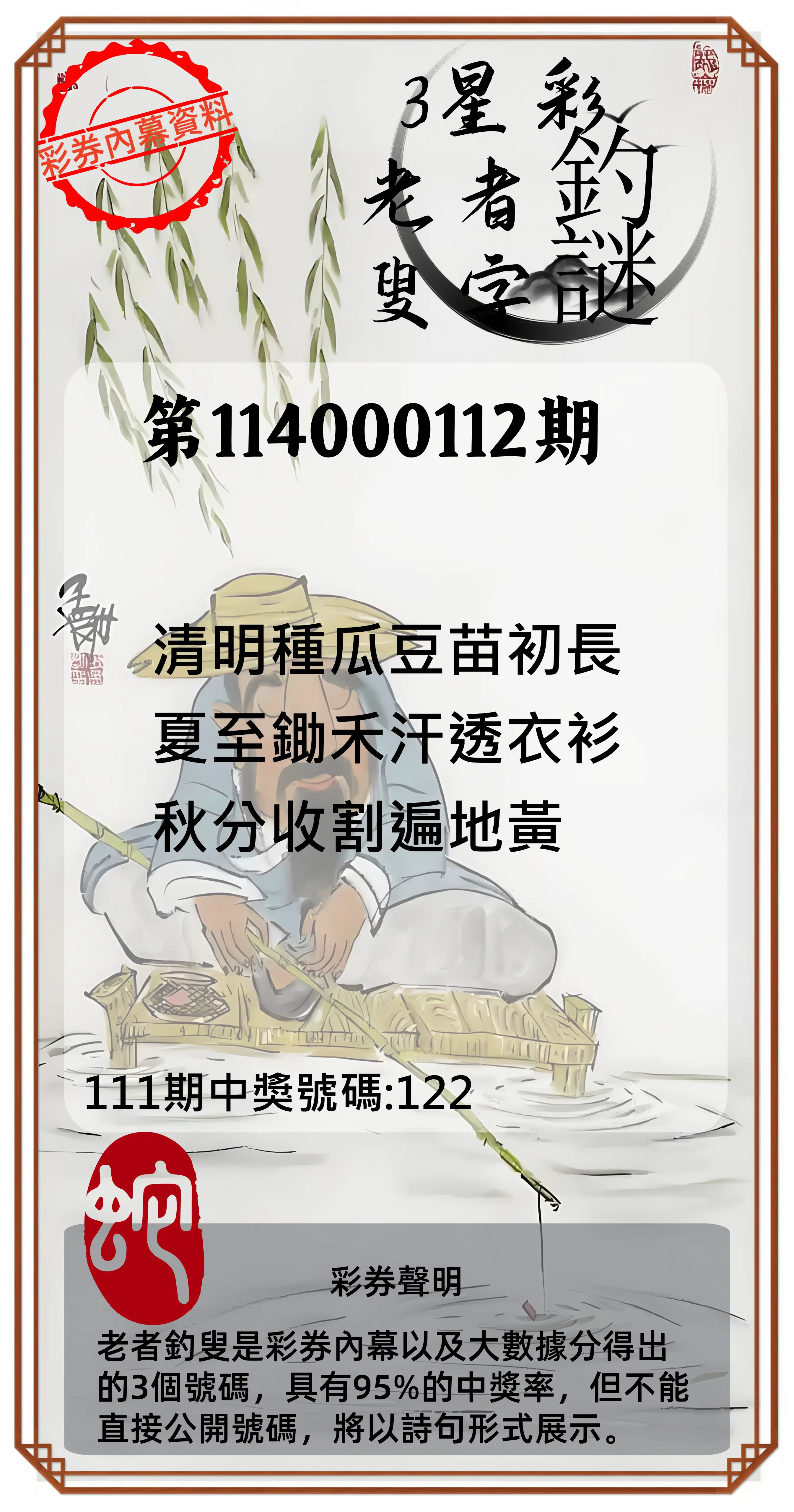 3星彩第114000112期老者釣叟頭獎