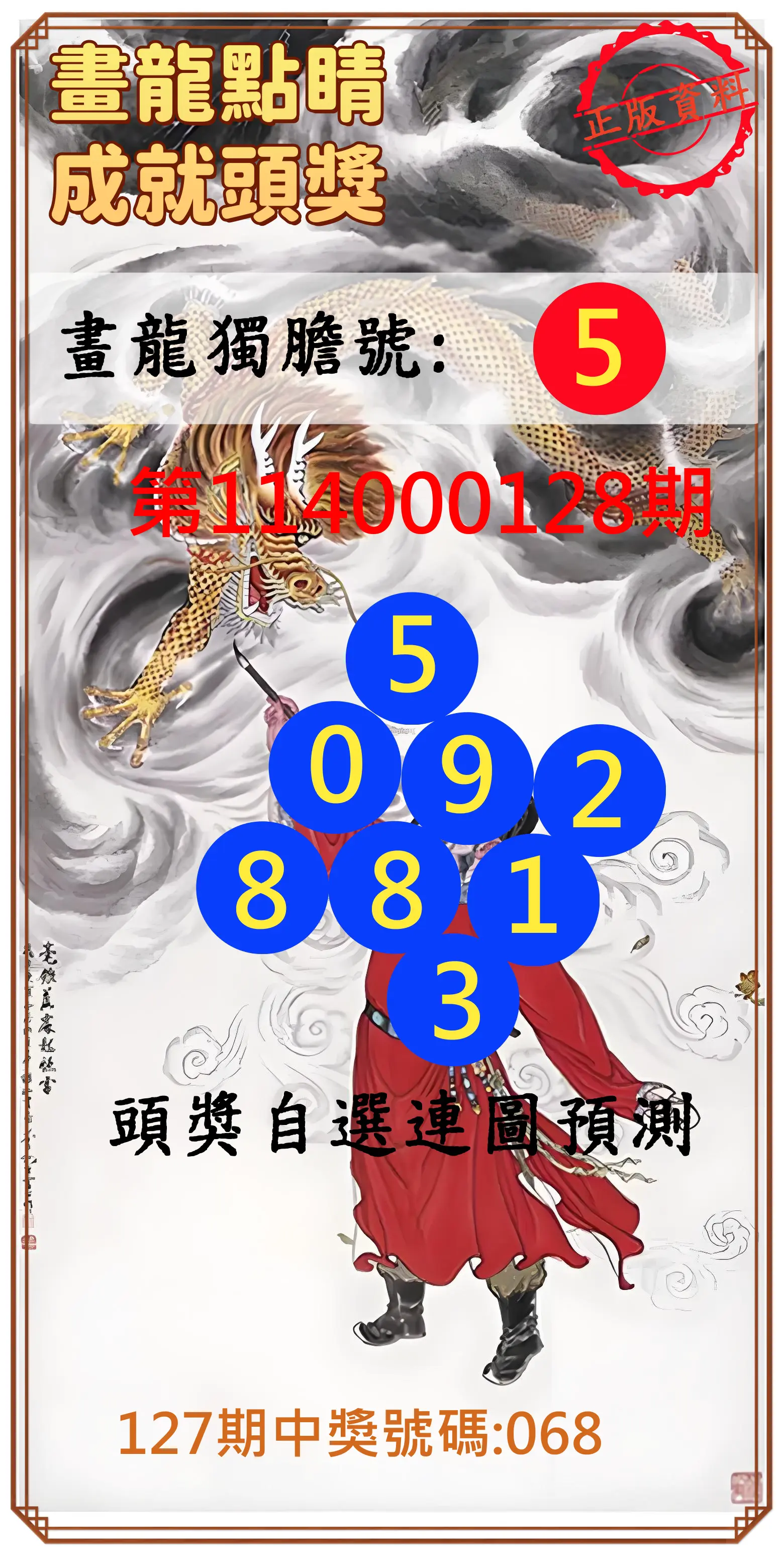 3星彩第114000128期畫龍點睛成就頭獎