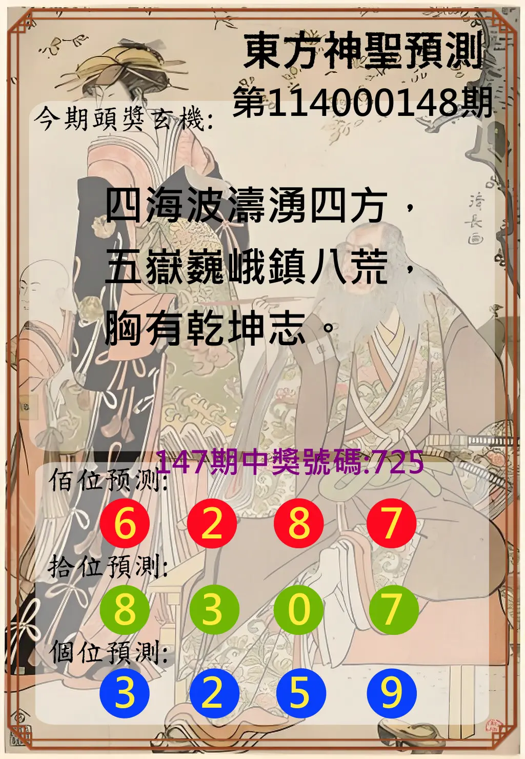 3星彩第114000148期東方神聖預測