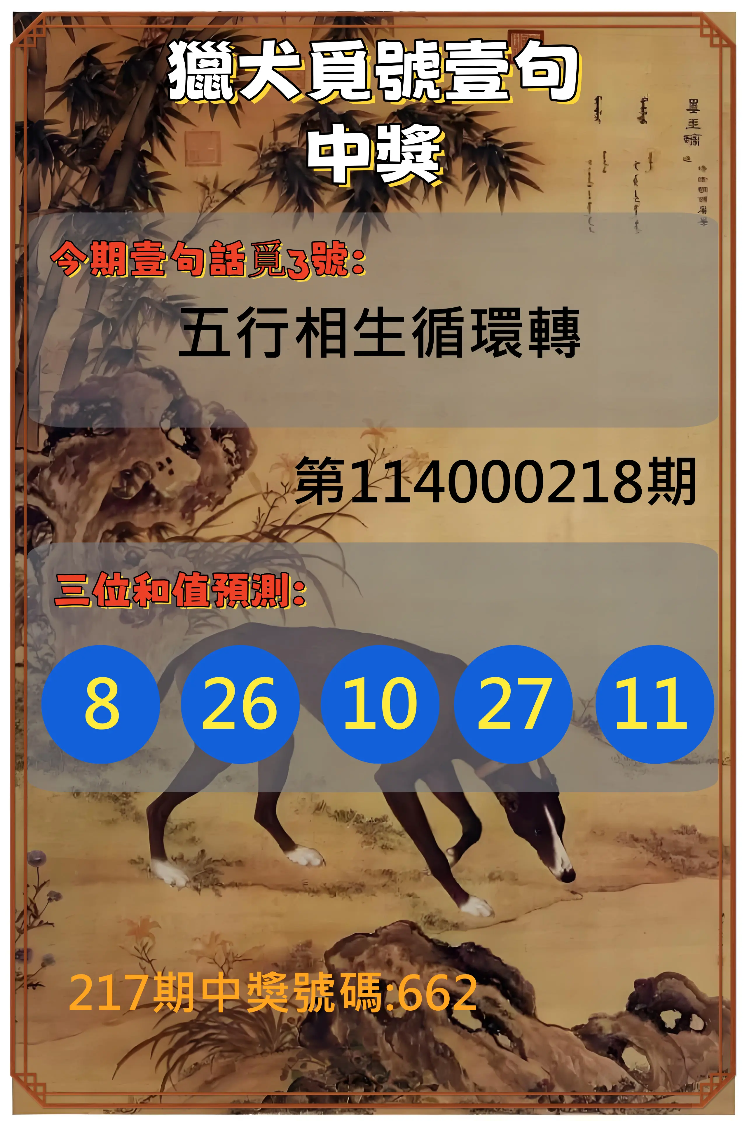 3星彩第114000218期(09/08)獵犬覓號壹句中獎