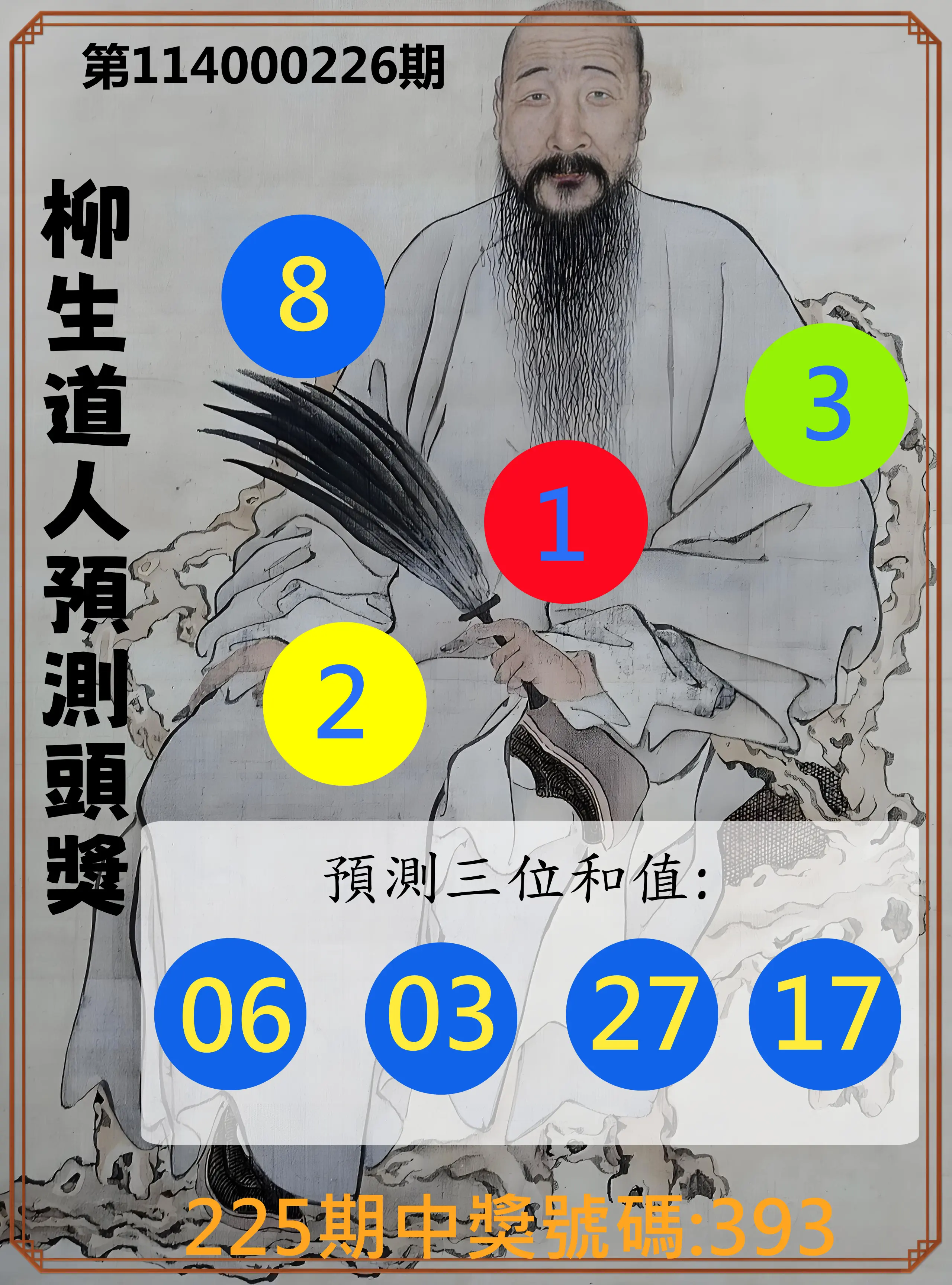 3星彩第114000226期(09/17)柳生道人預測頭獎