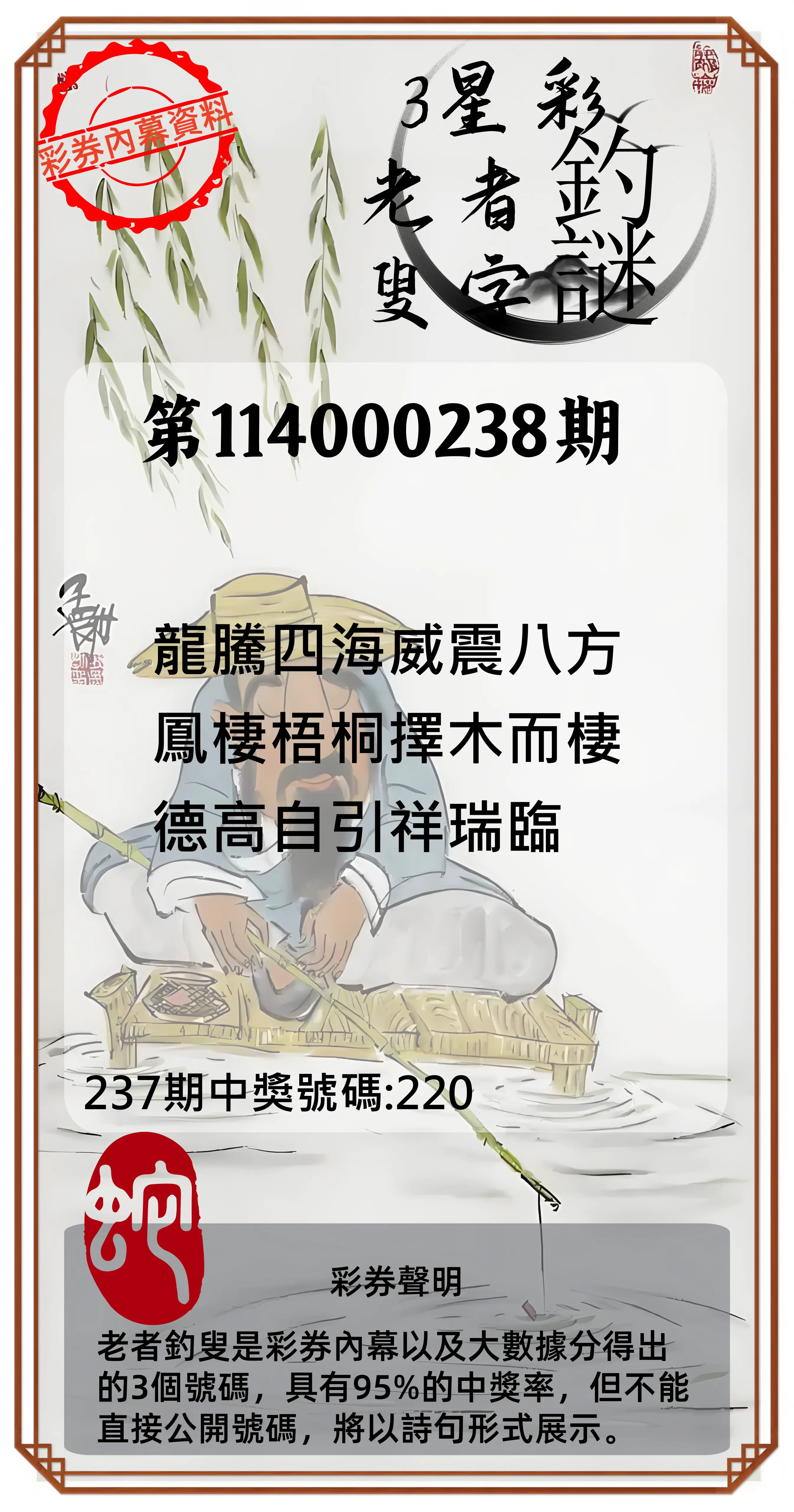 3星彩第114000238期(10/01)老者釣叟頭獎