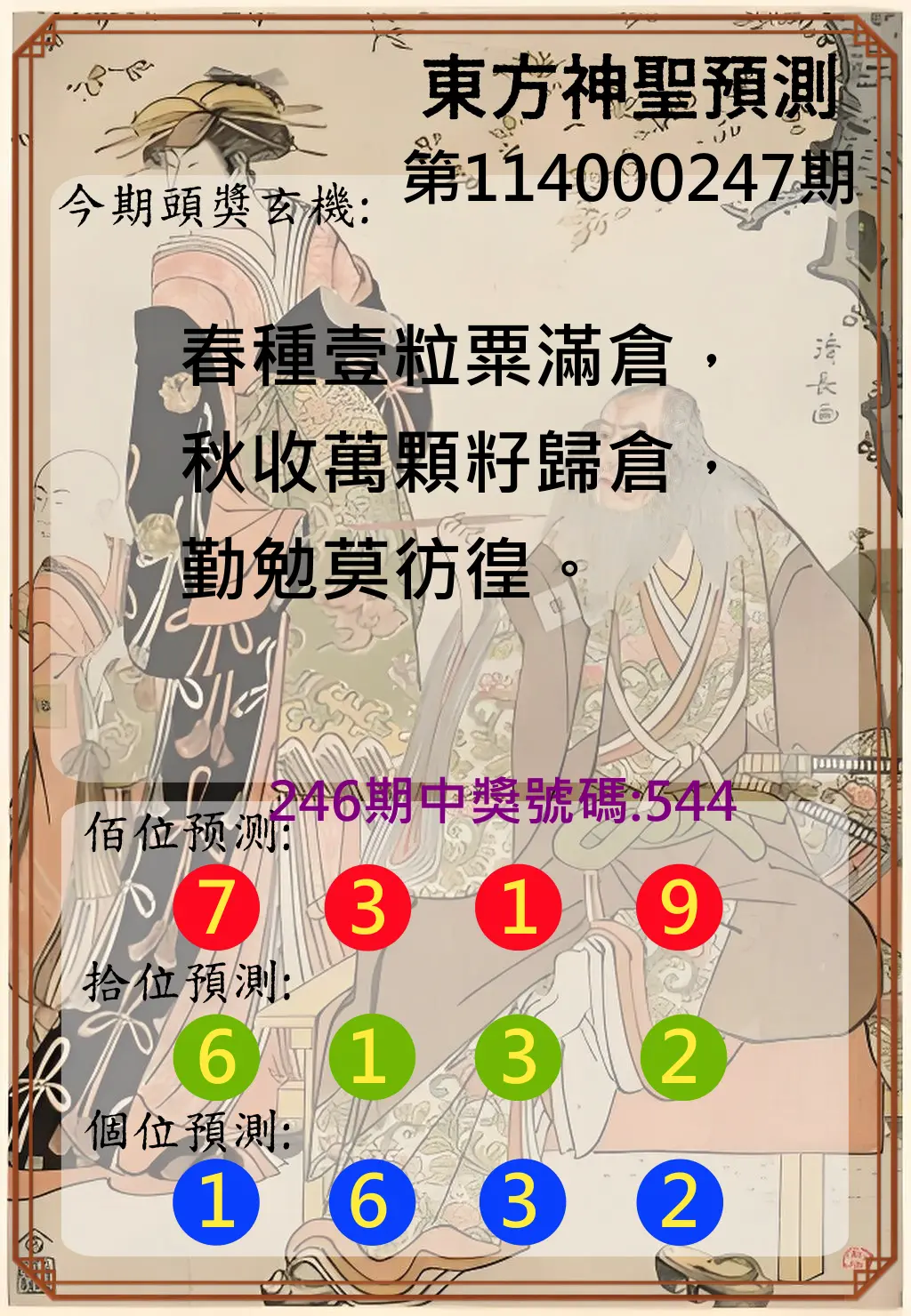 3星彩第114000247期(10/11)東方神聖預測