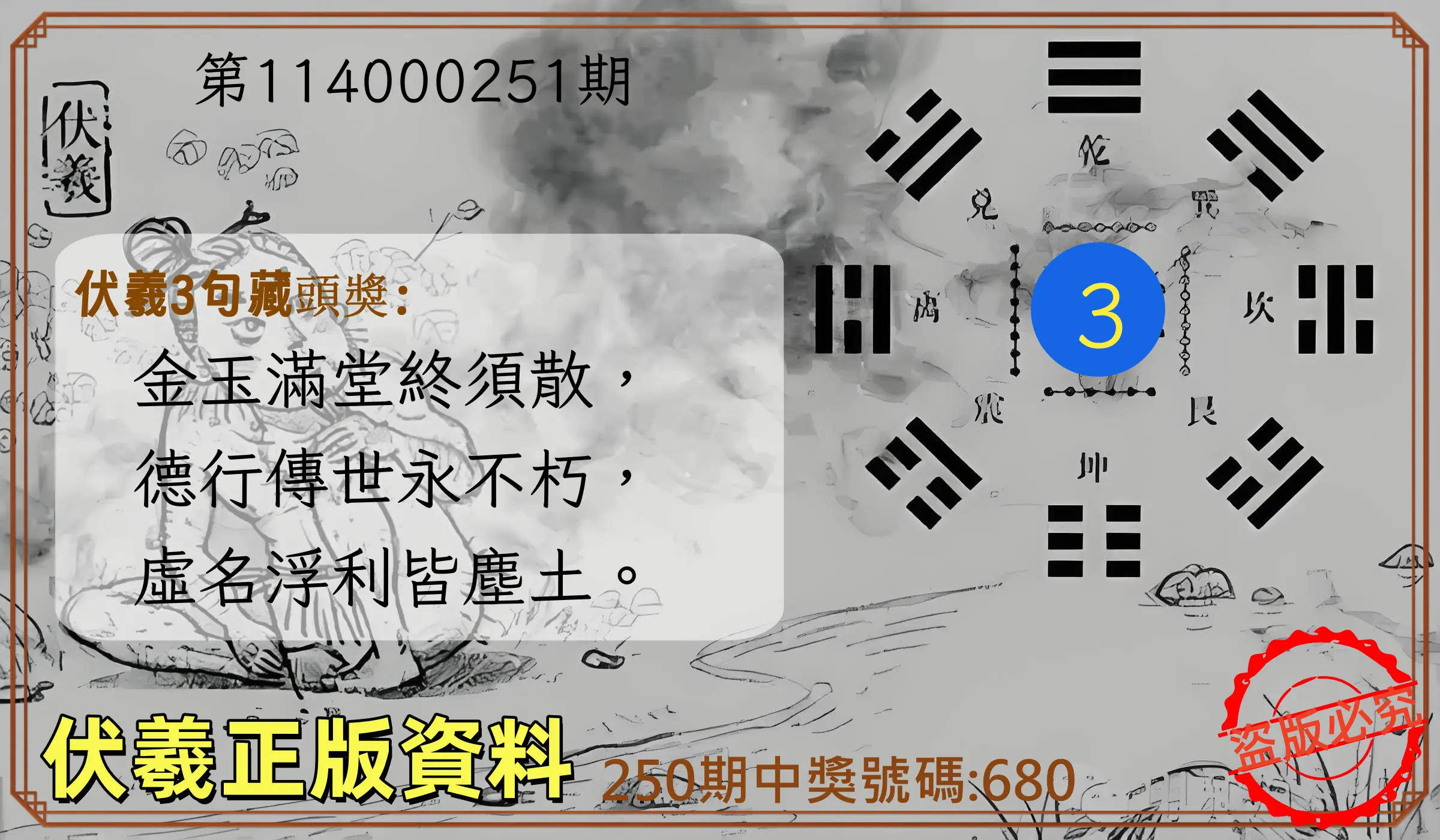 3星彩第114000251期(10/16)伏羲正版資料