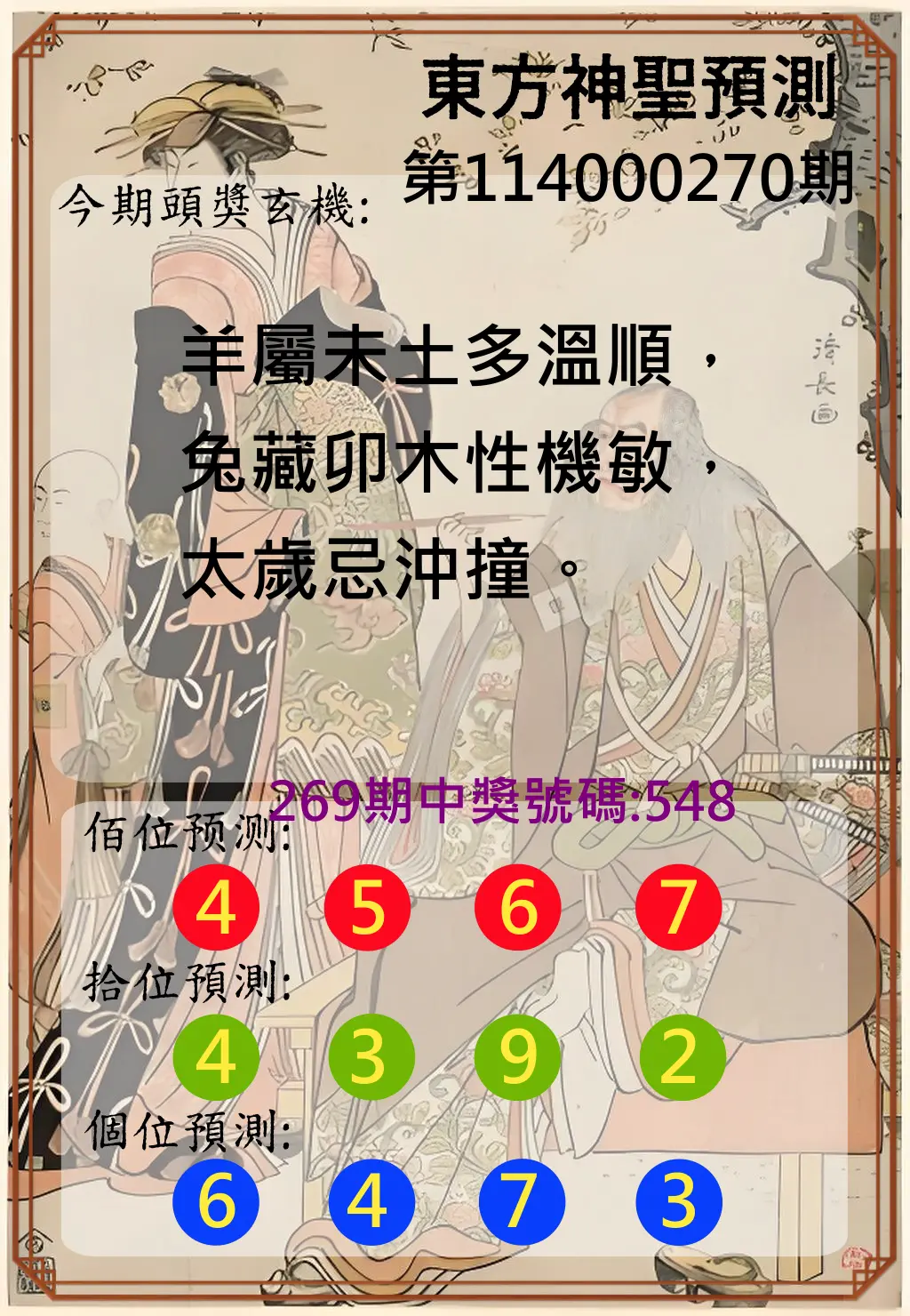 3星彩第114000270期(11/07)東方神聖預測