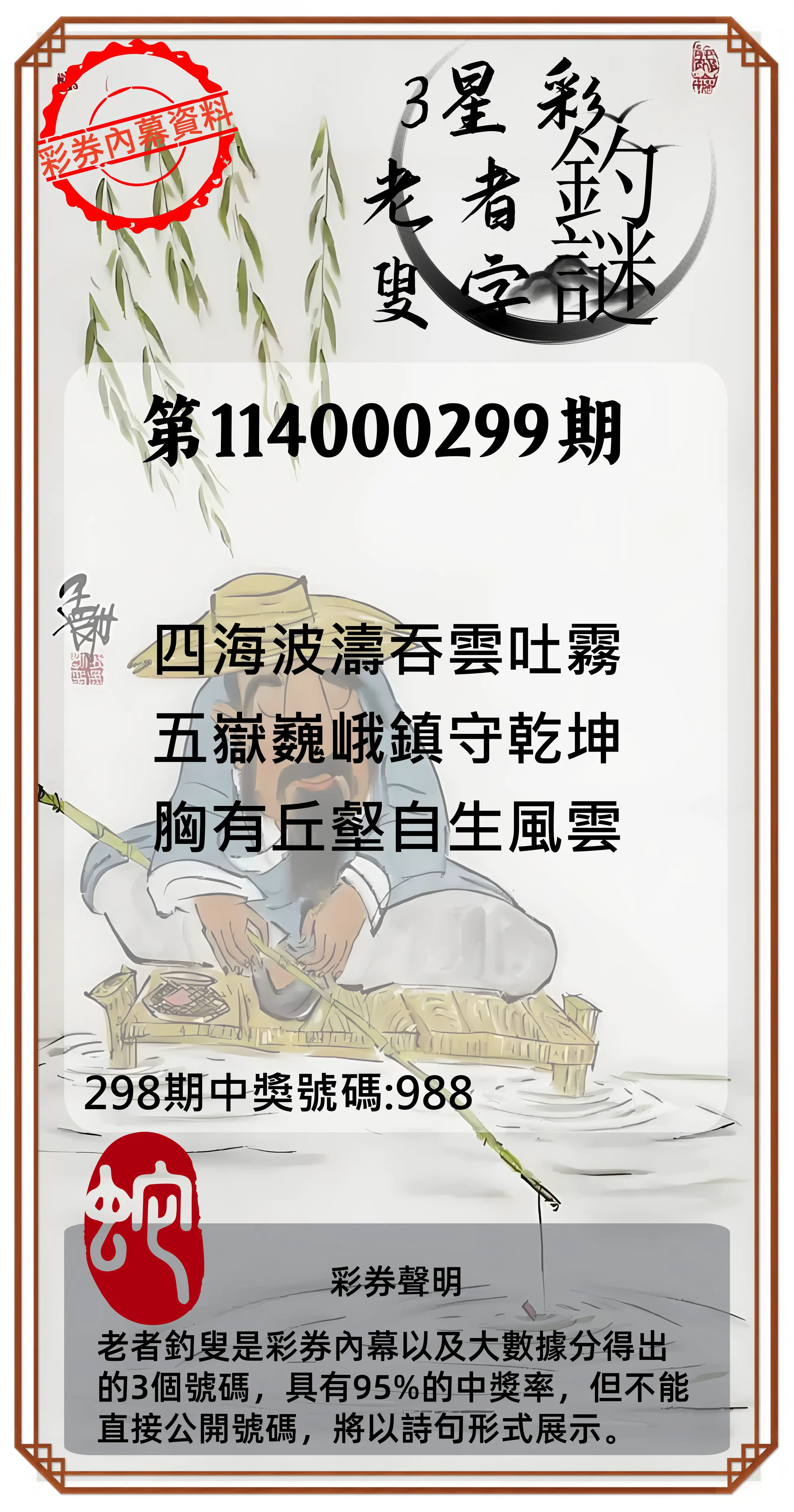 3星彩第114000299期(12/11)老者釣叟頭獎