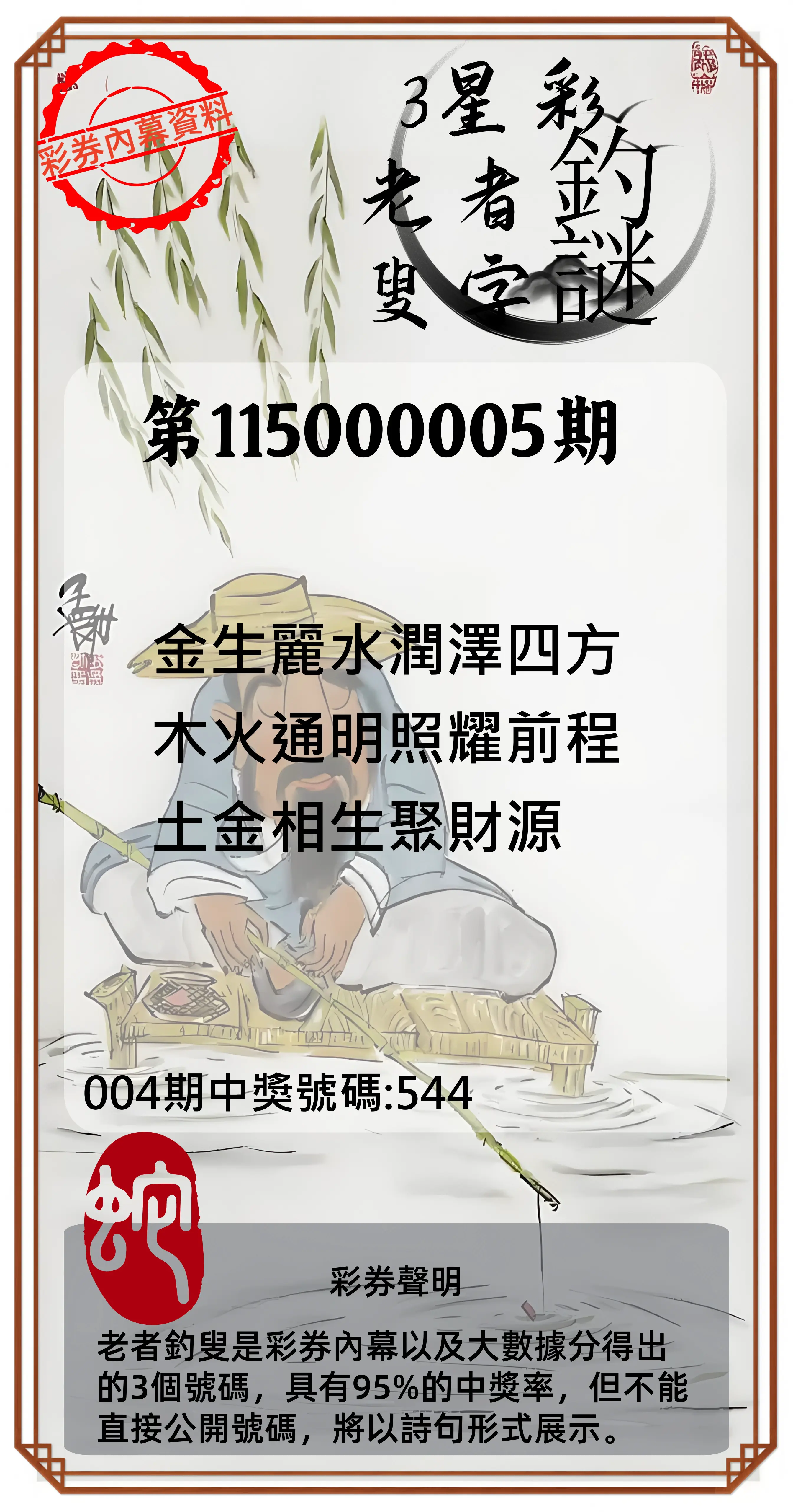 3星彩第115000005期(01/06)老者釣叟頭獎