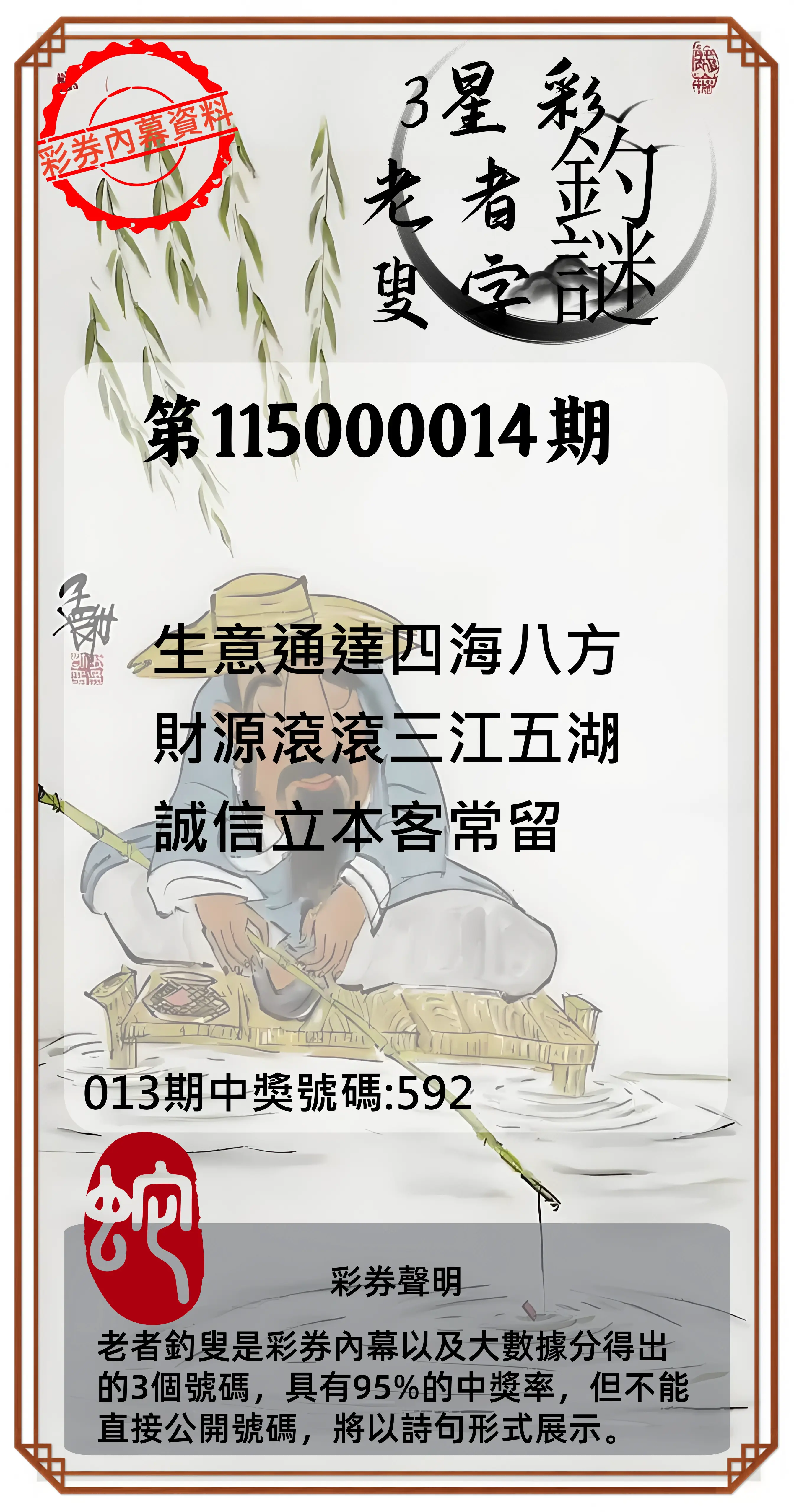 3星彩第115000014期(01/16)老者釣叟頭獎