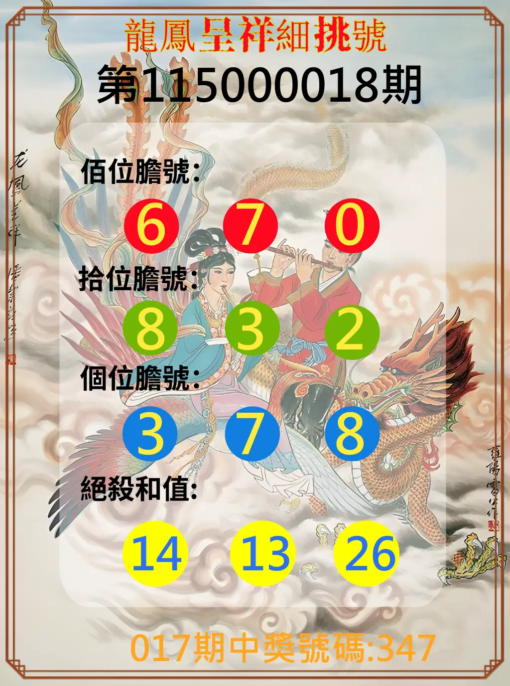 3星彩第115000018期(01/21)龍鳳呈祥細挑號