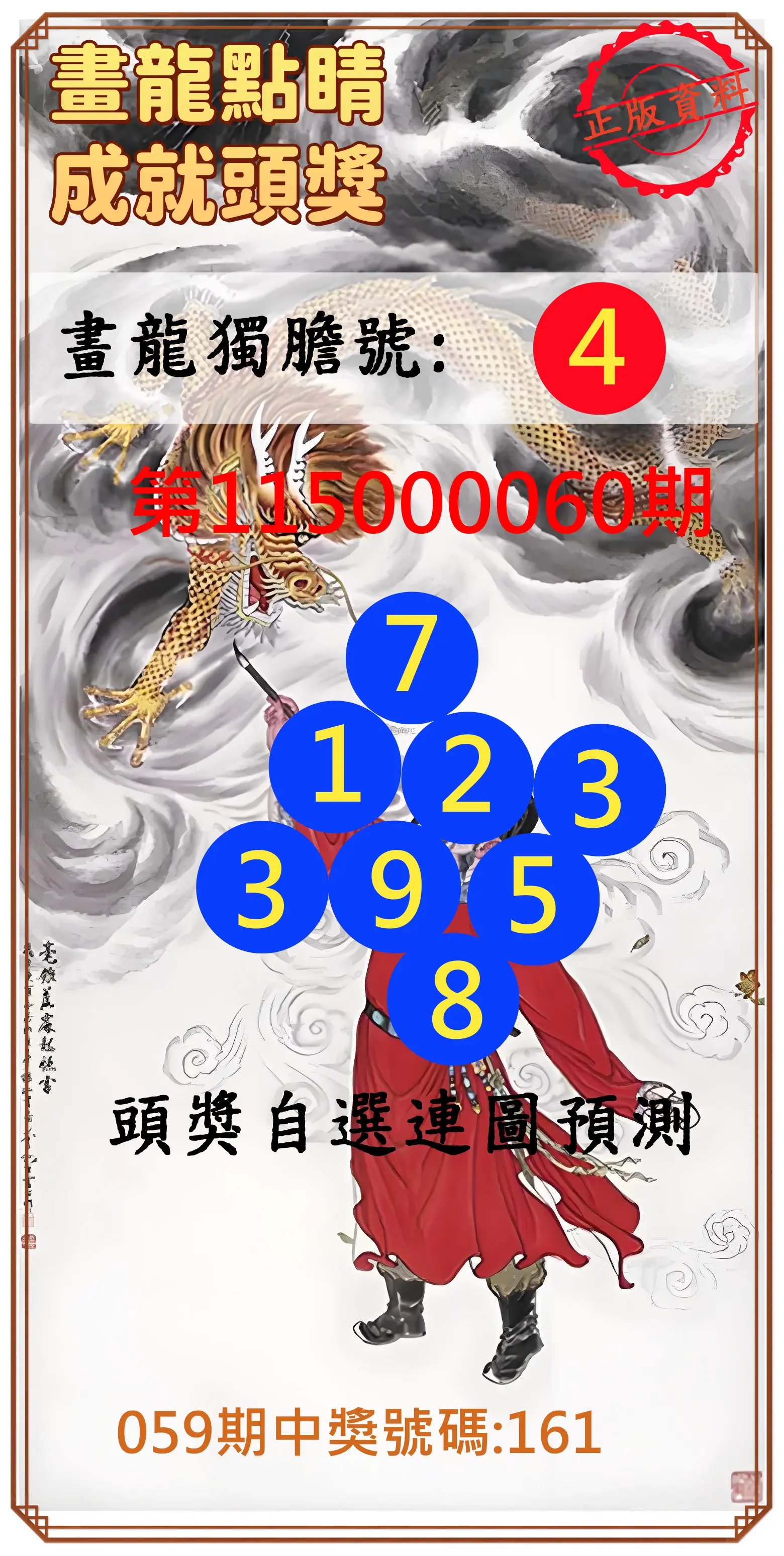 3星彩第115000060期(03/07)畫龍點睛成就頭獎