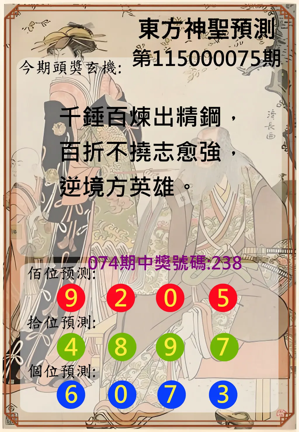 3星彩第115000075期(03/25)東方神聖預測