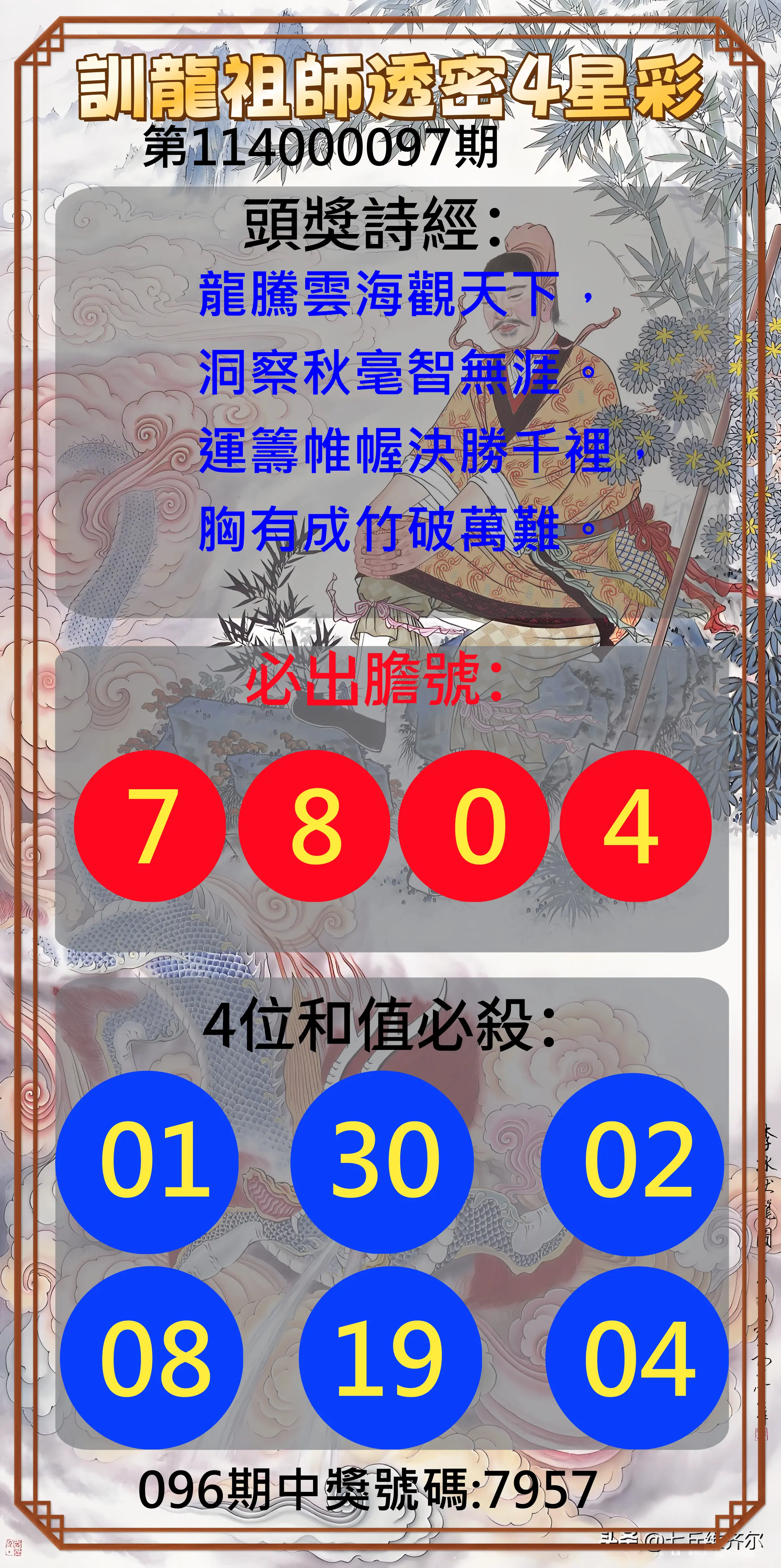 4星彩第114000097期訓龍祖師透密4星彩