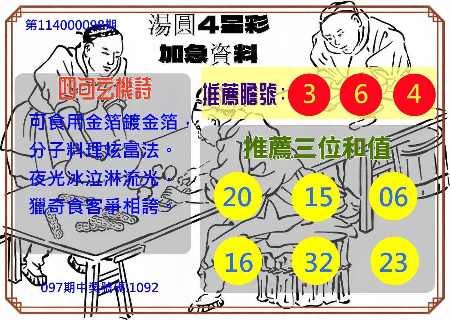 4星彩第114000098期湯圓4星彩加急資料
