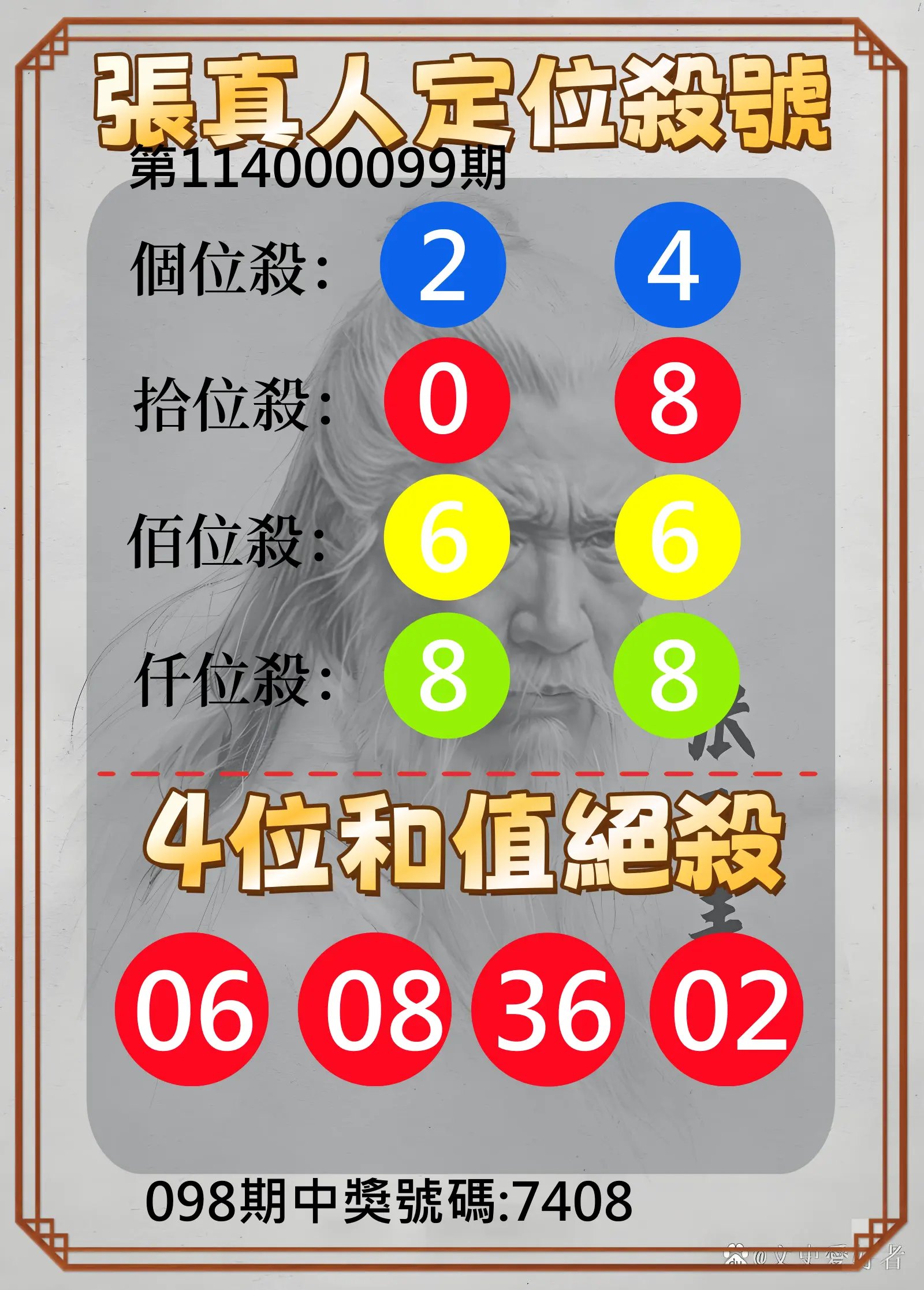 4星彩第114000099期張真人定位殺號