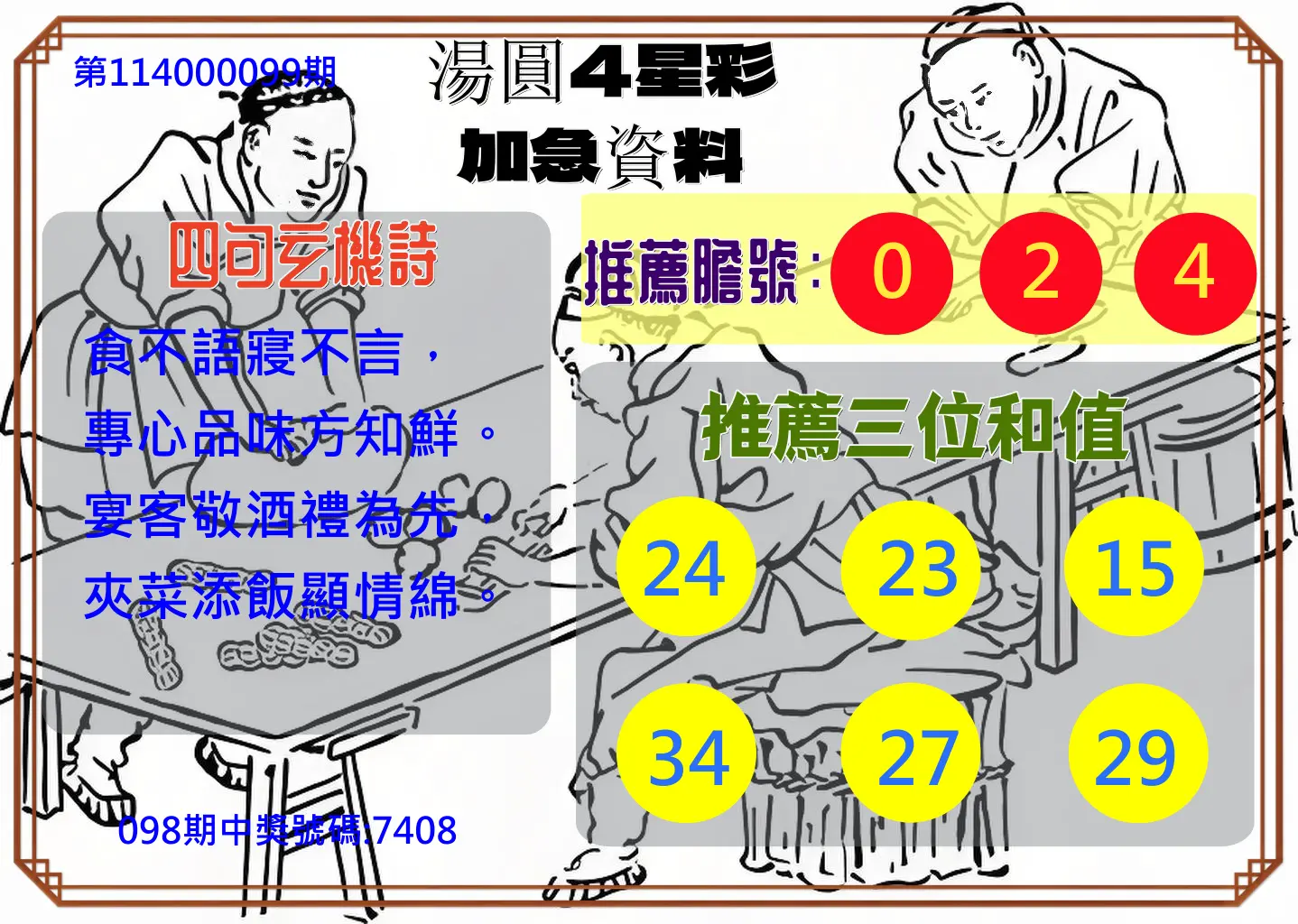 4星彩第114000099期湯圓4星彩加急資料