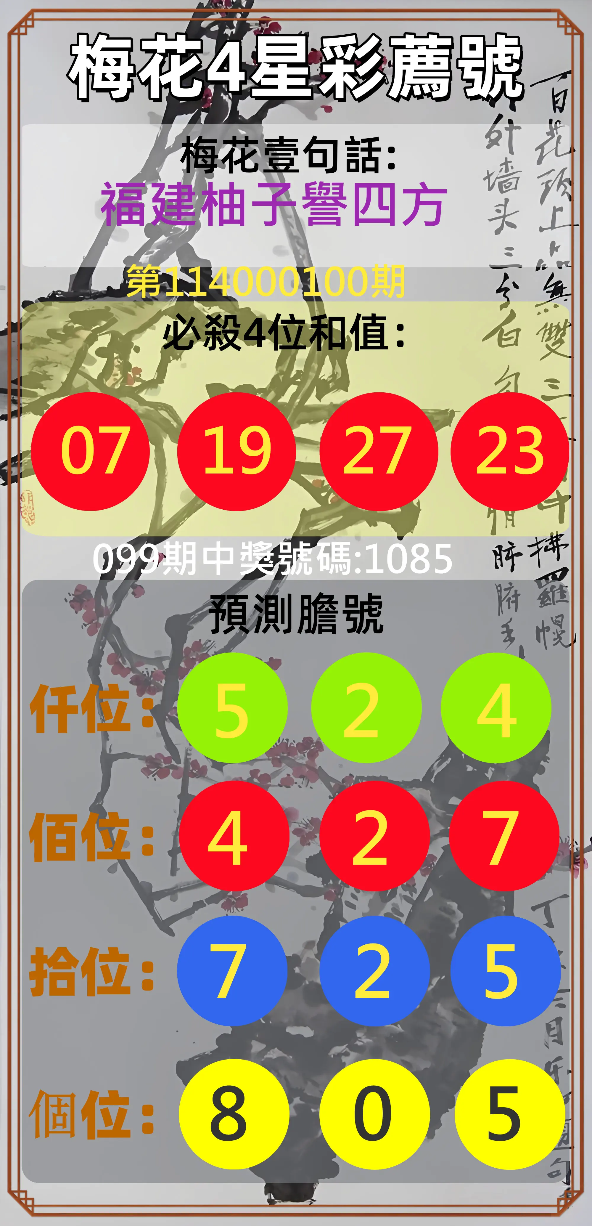 4星彩第114000100期梅花4星彩薦號