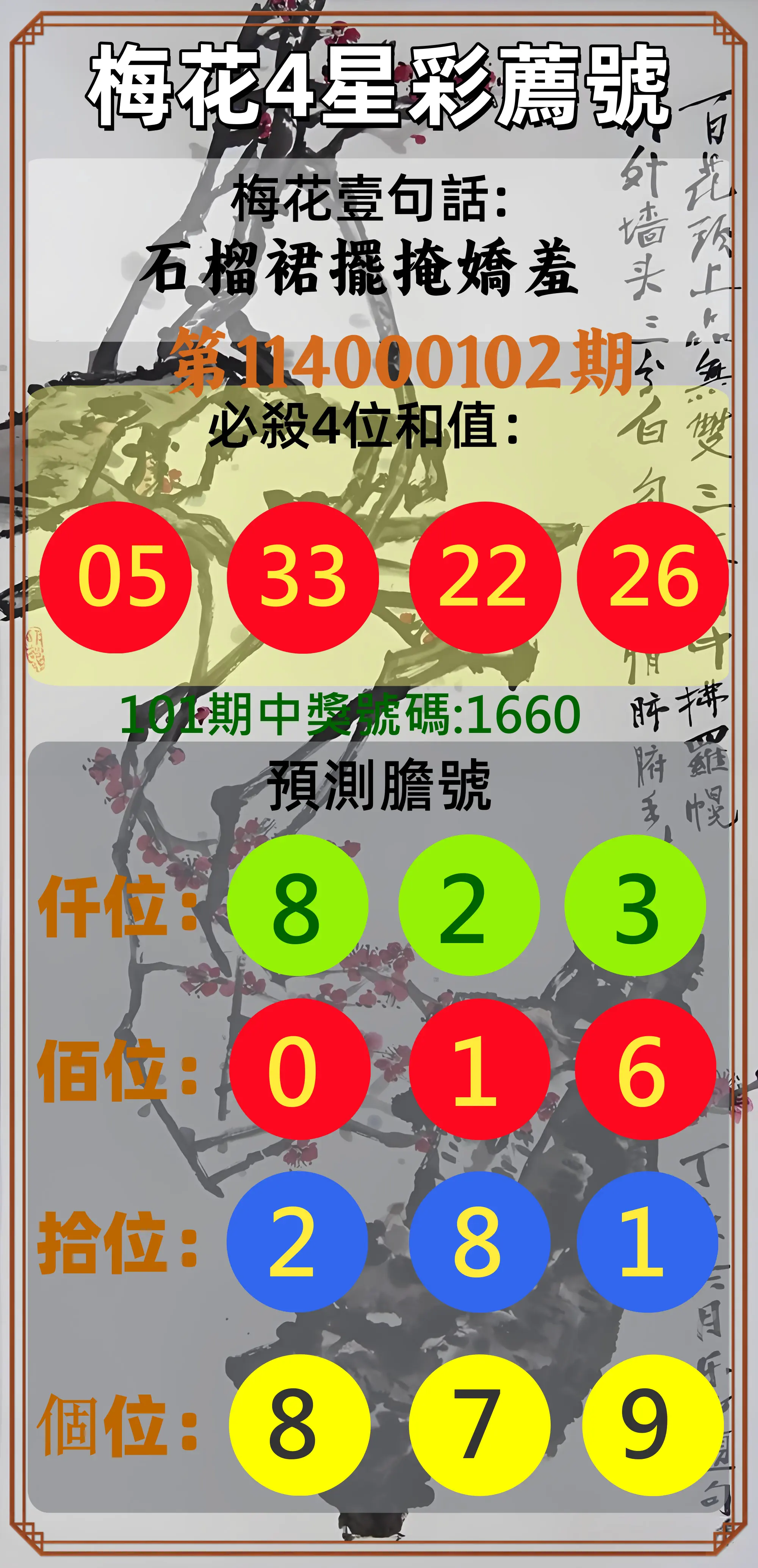 4星彩第114000102期梅花4星彩薦號