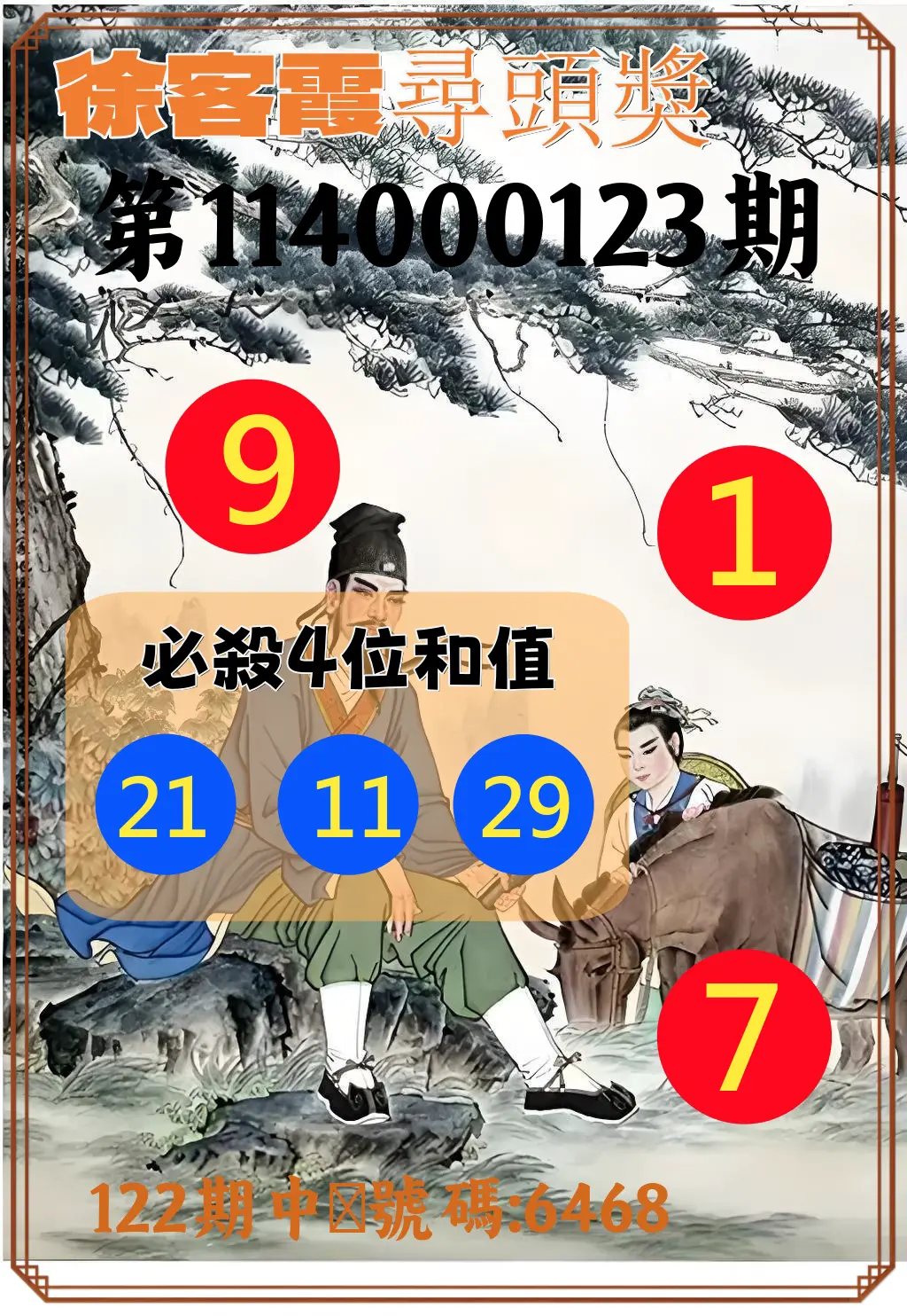 4星彩第114000123期徐客霞尋頭獎