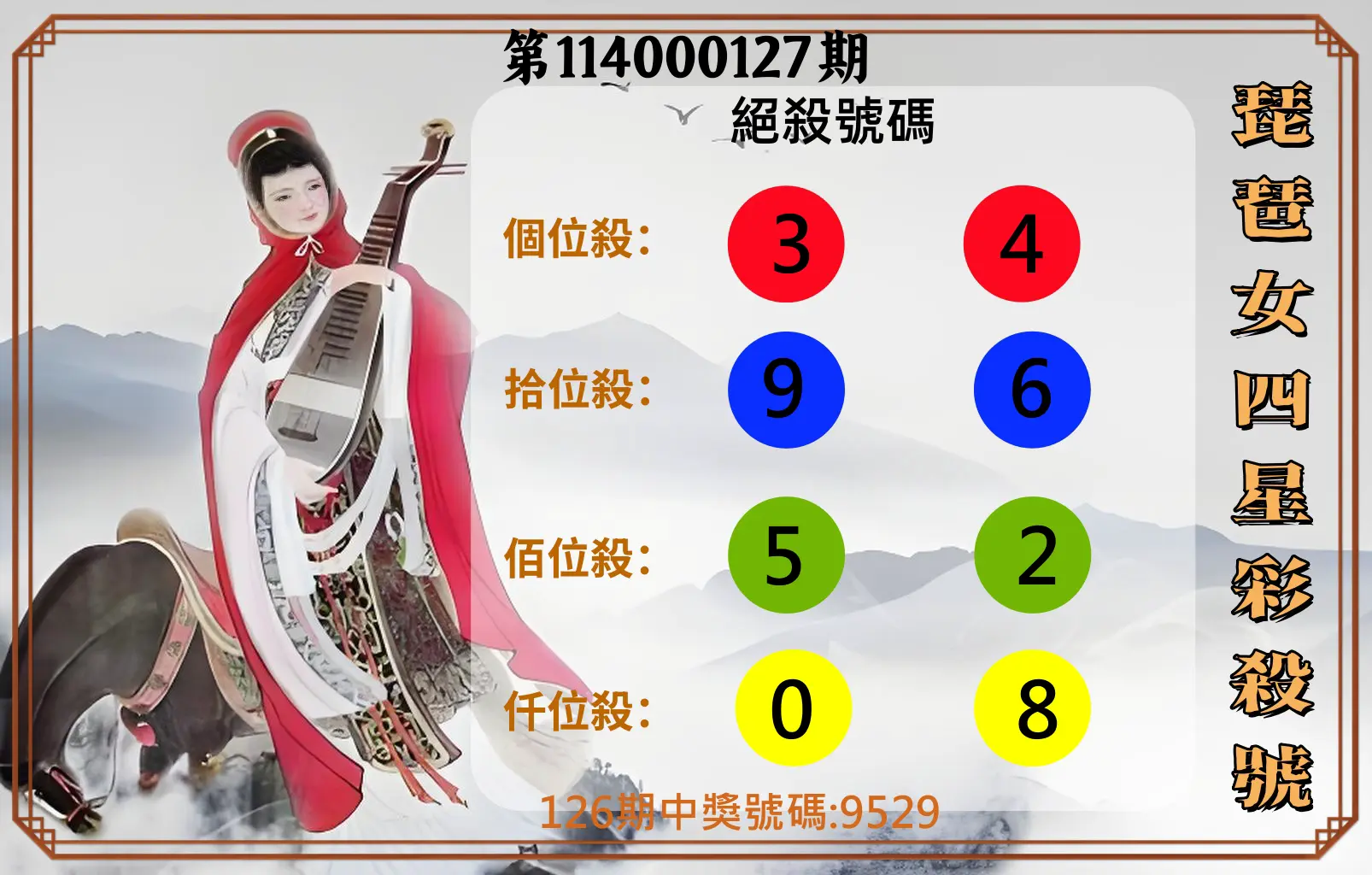 4星彩第114000127期琵琶女四星彩殺號