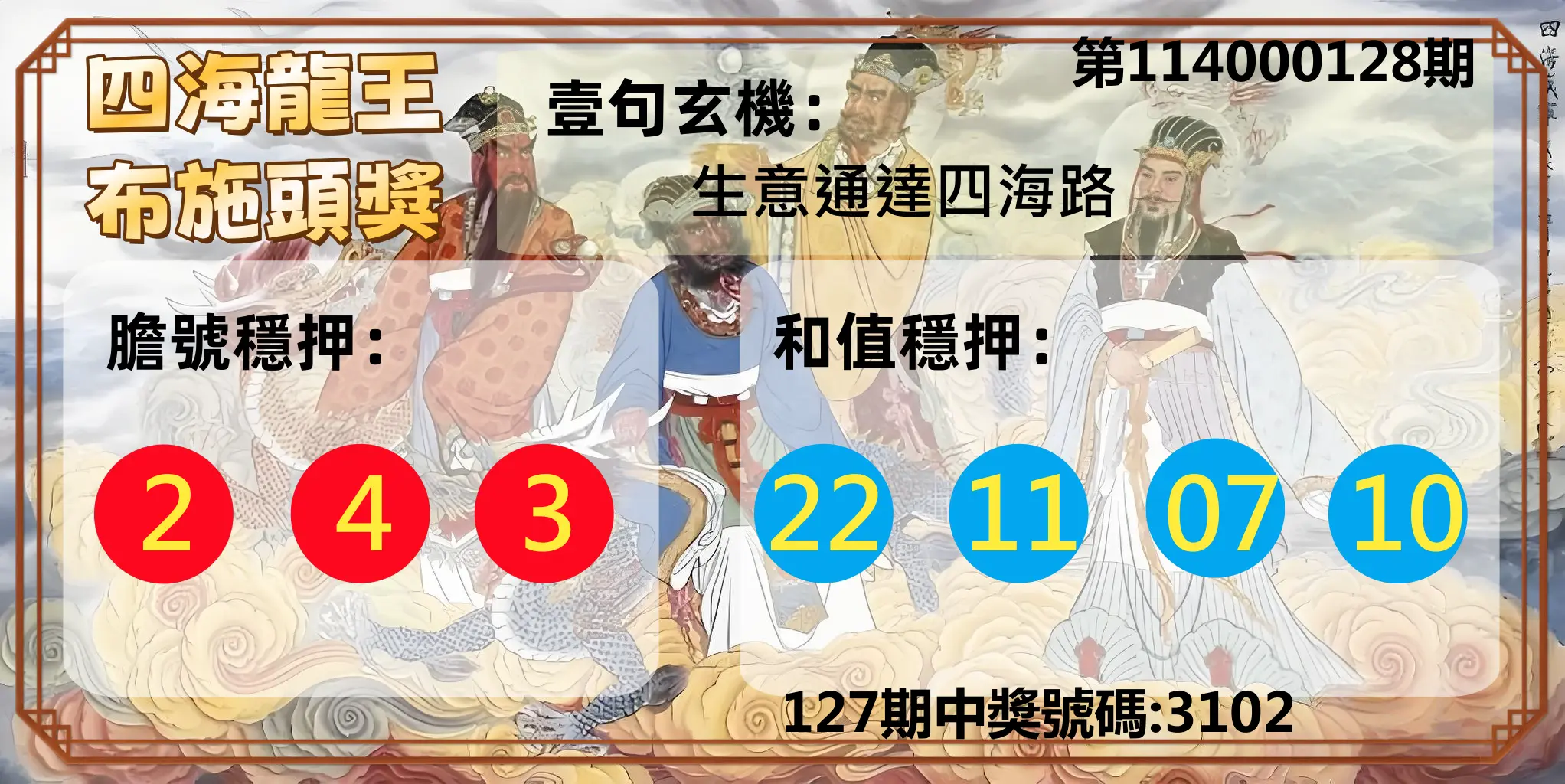 4星彩第114000128期四海龍王布施頭獎