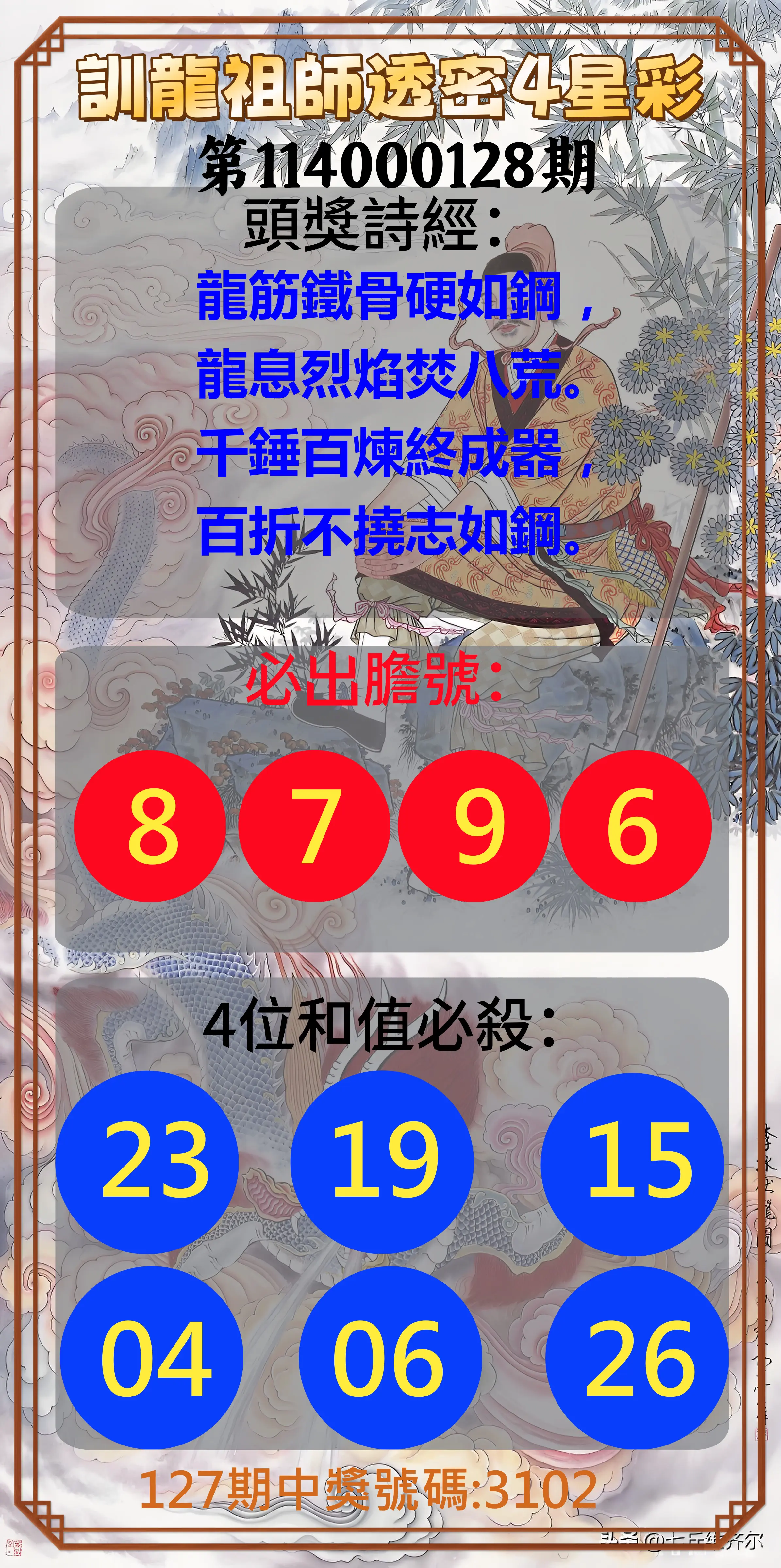 4星彩第114000128期訓龍祖師透密4星彩
