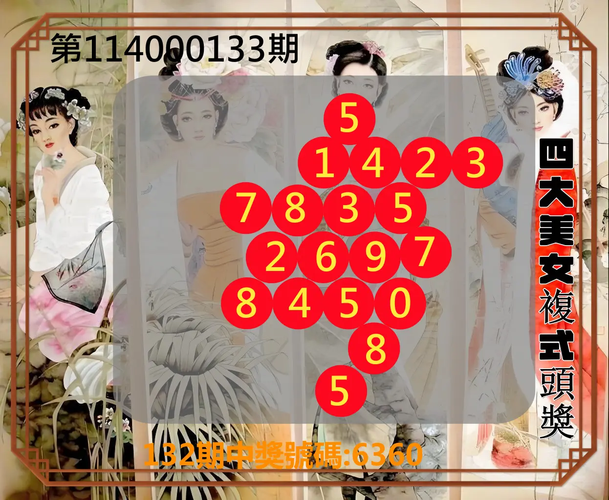 4星彩第114000133期四大美女複式頭獎