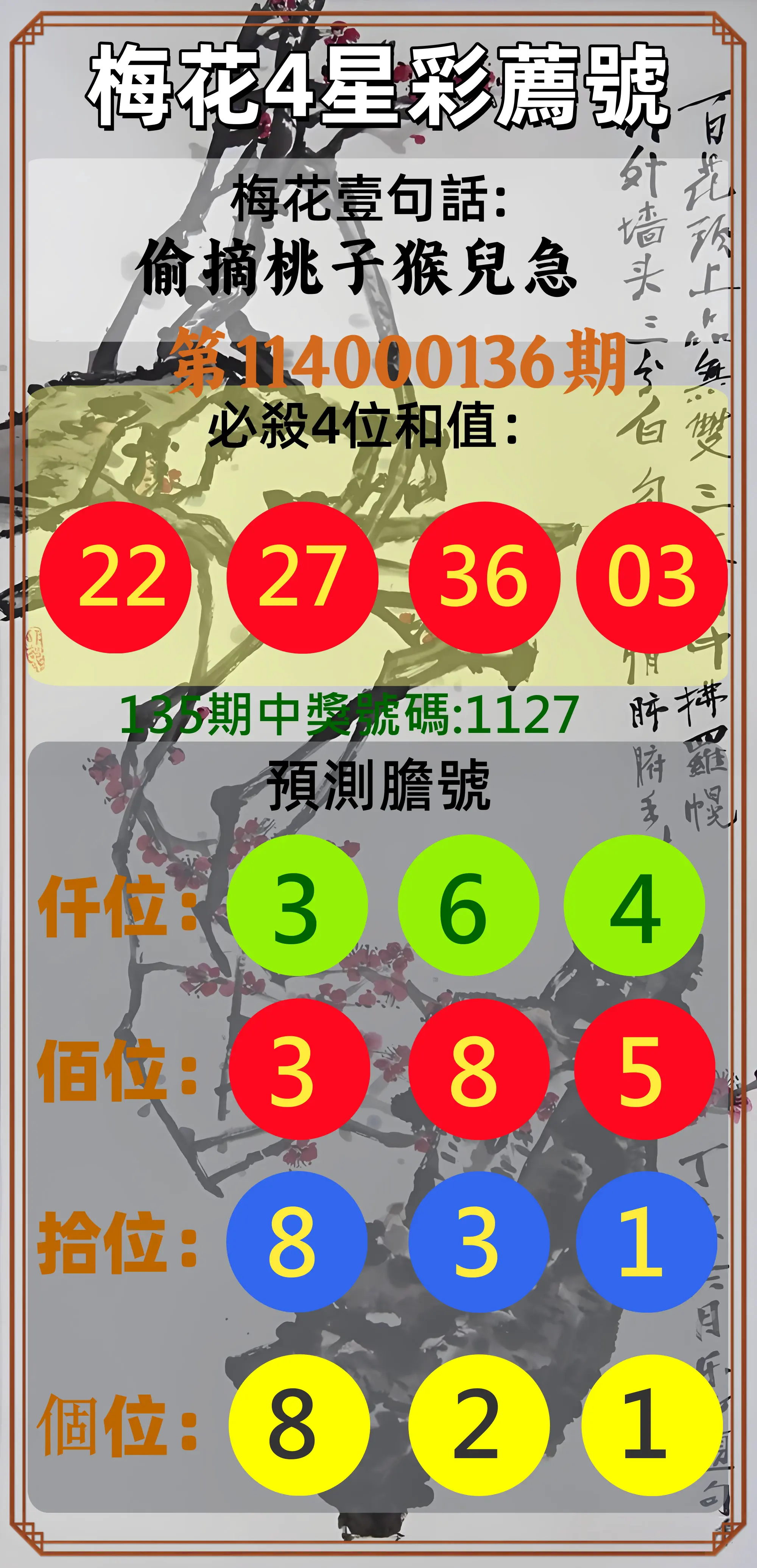 4星彩第114000136期梅花4星彩薦號