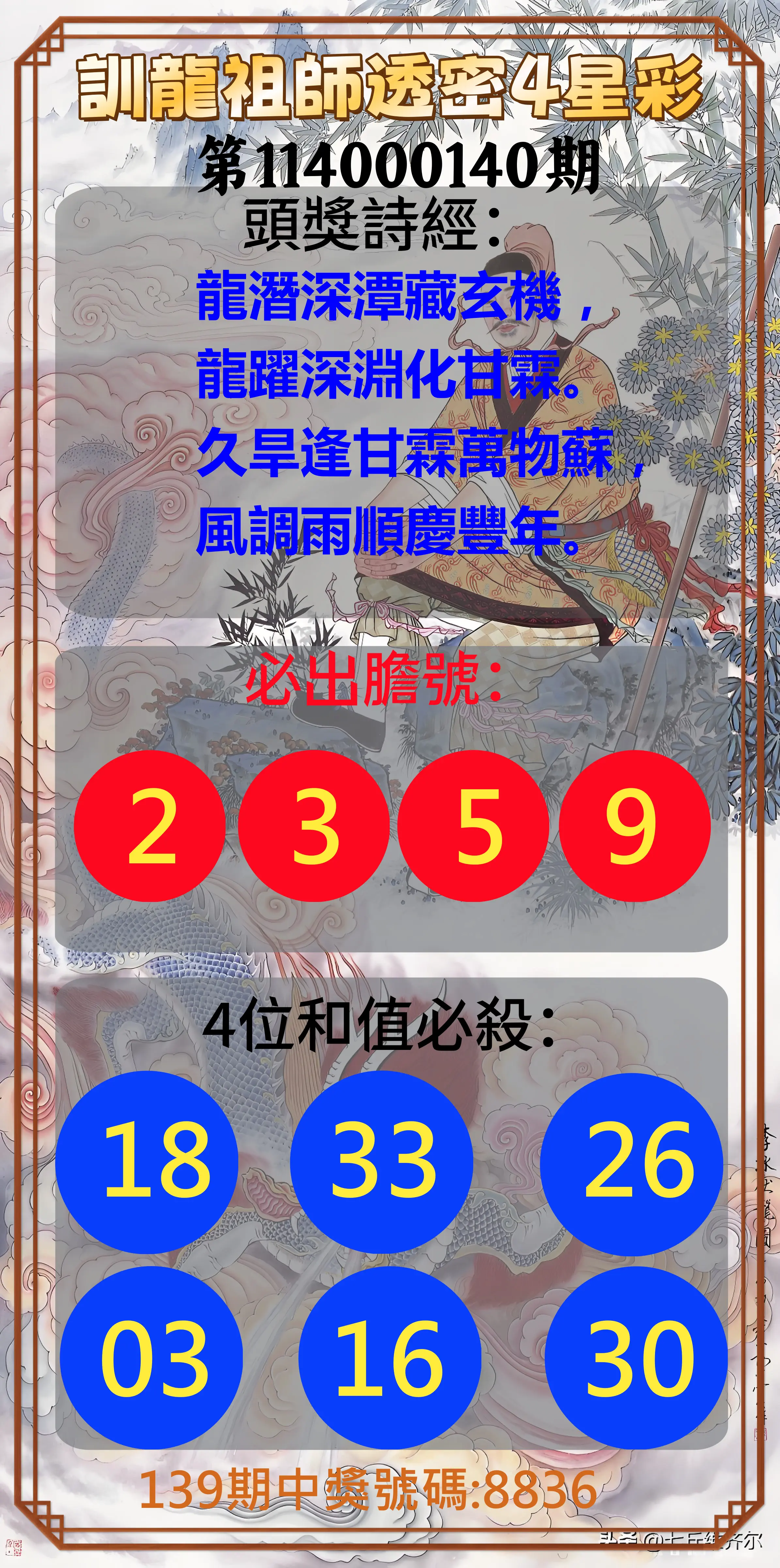 4星彩第114000140期訓龍祖師透密4星彩