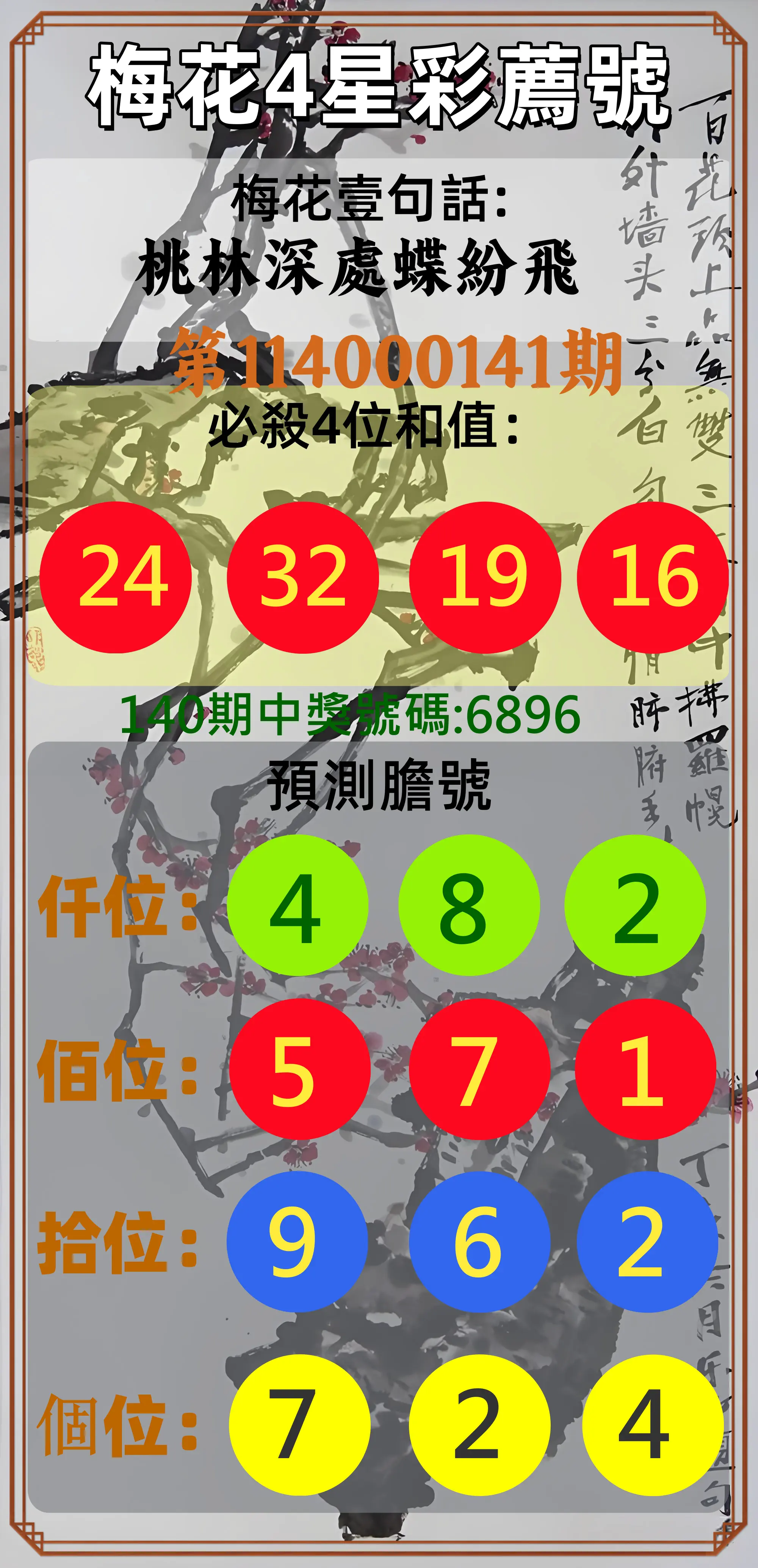 4星彩第114000141期梅花4星彩薦號