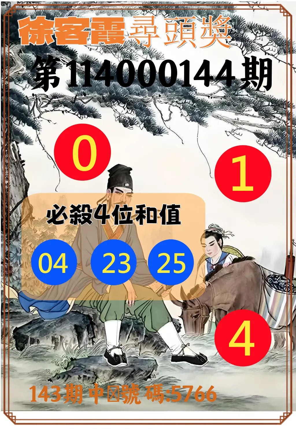 4星彩第114000144期徐客霞尋頭獎
