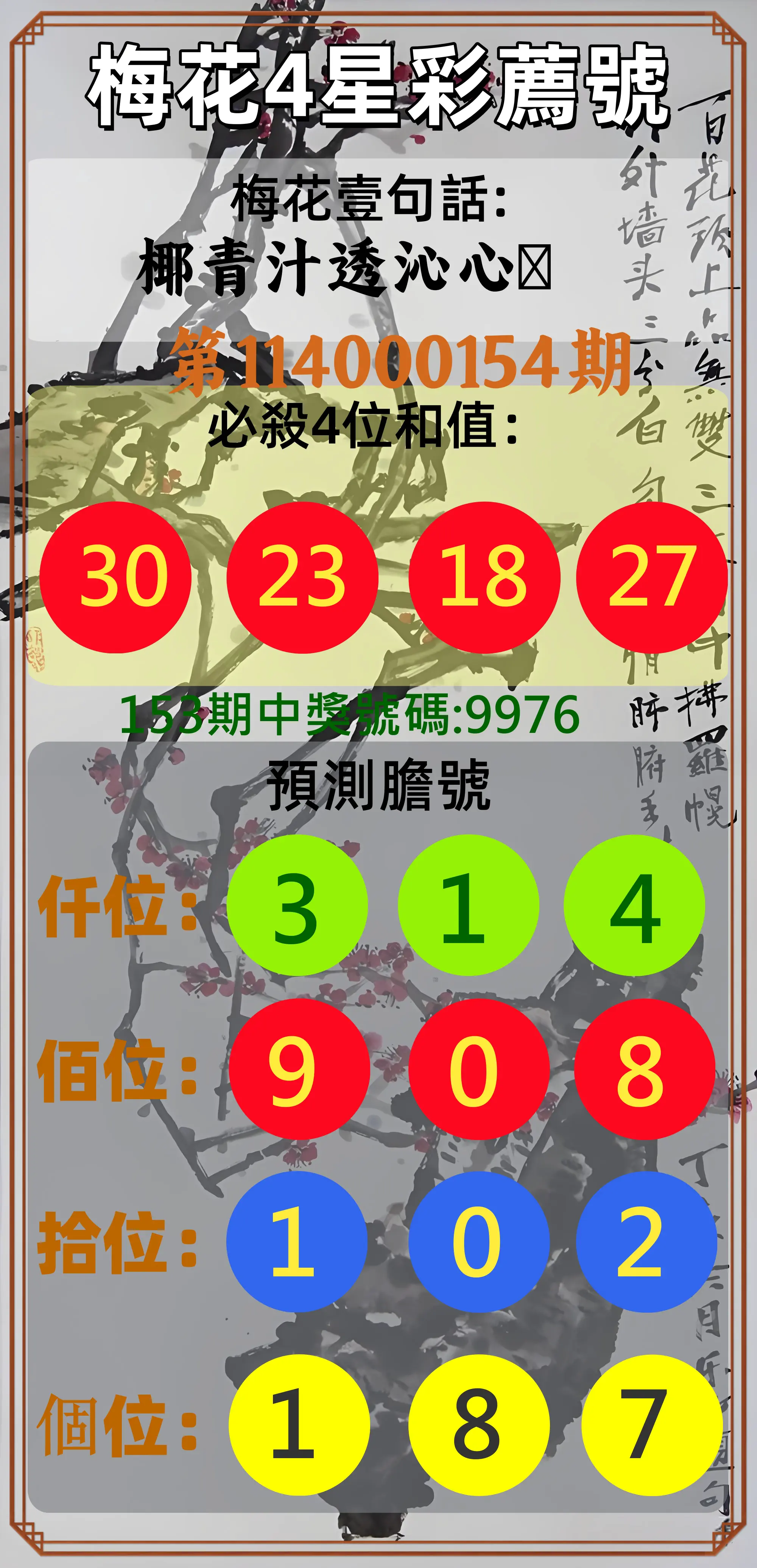 4星彩第114000154期梅花4星彩薦號