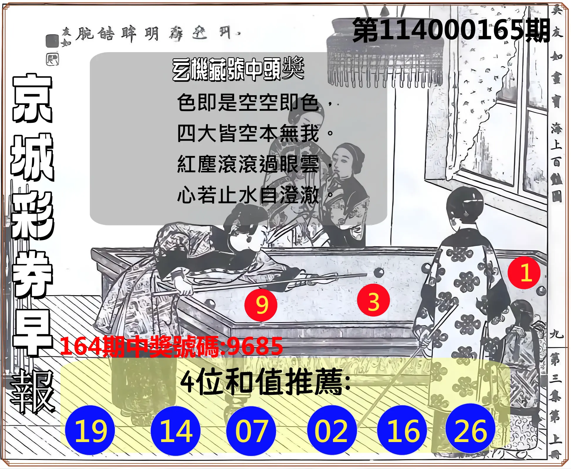 4星彩第114000165期(07/08)京城彩券早報