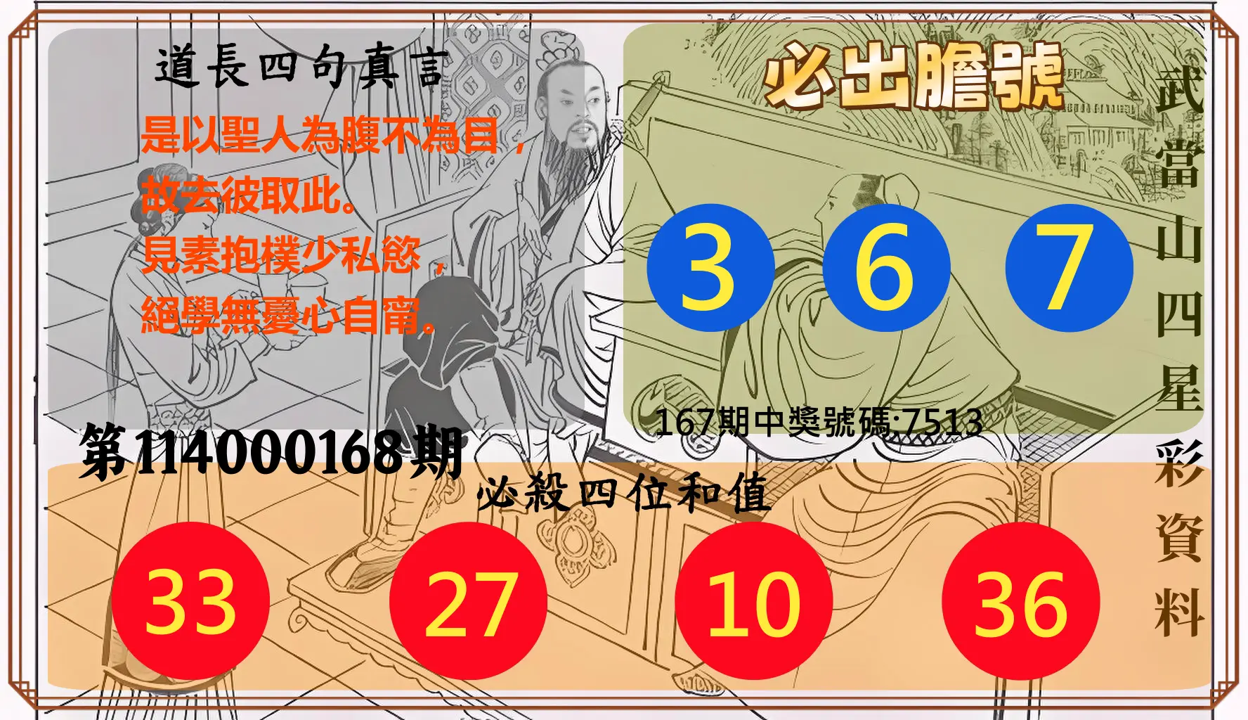 4星彩第114000168期(07/11)武當山四星彩資料