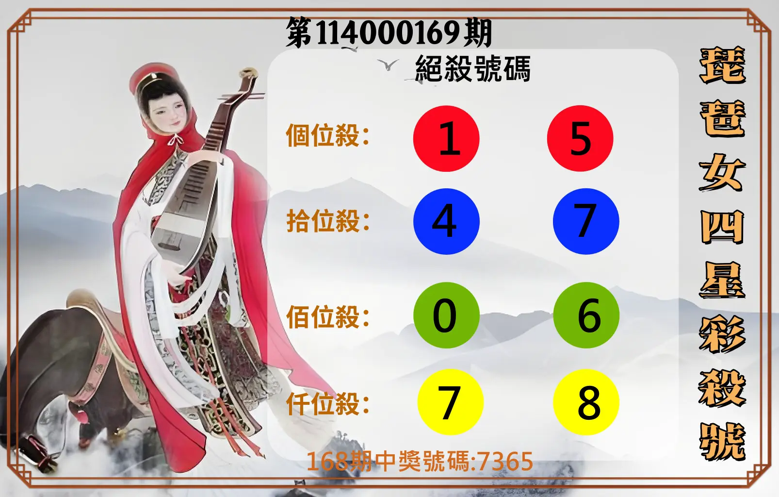 4星彩第114000169期(07/12)琵琶女四星彩殺號