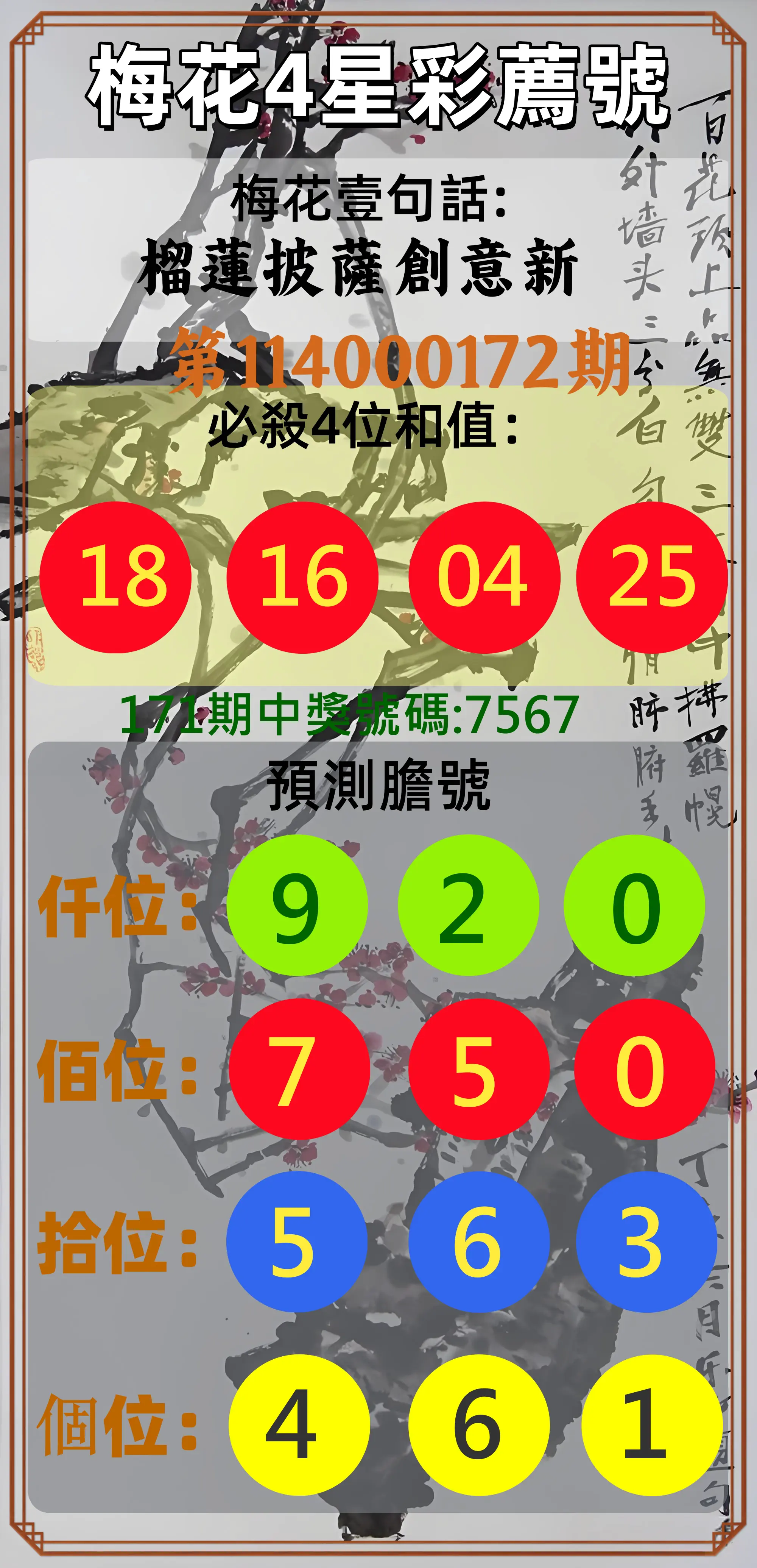 4星彩第114000172期(07/16)梅花4星彩薦號